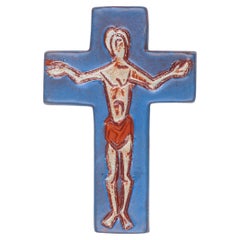 Vintage Blue Ceramic Cross with Abstract Line-Drawn Christ
