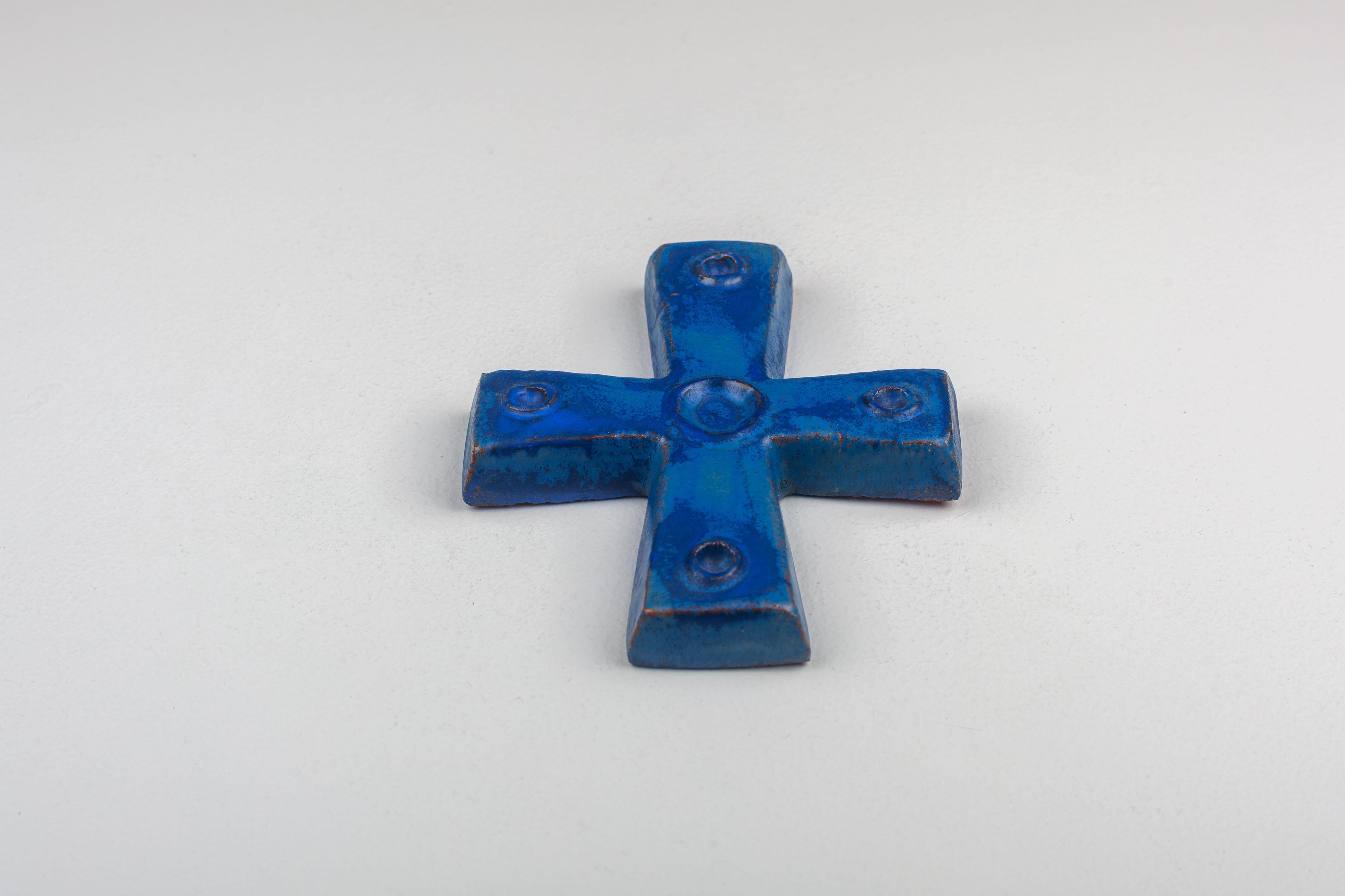 Mid-20th Century Blue Ceramic Cross with Circular Embellishments, Unique Religious Collectible For Sale