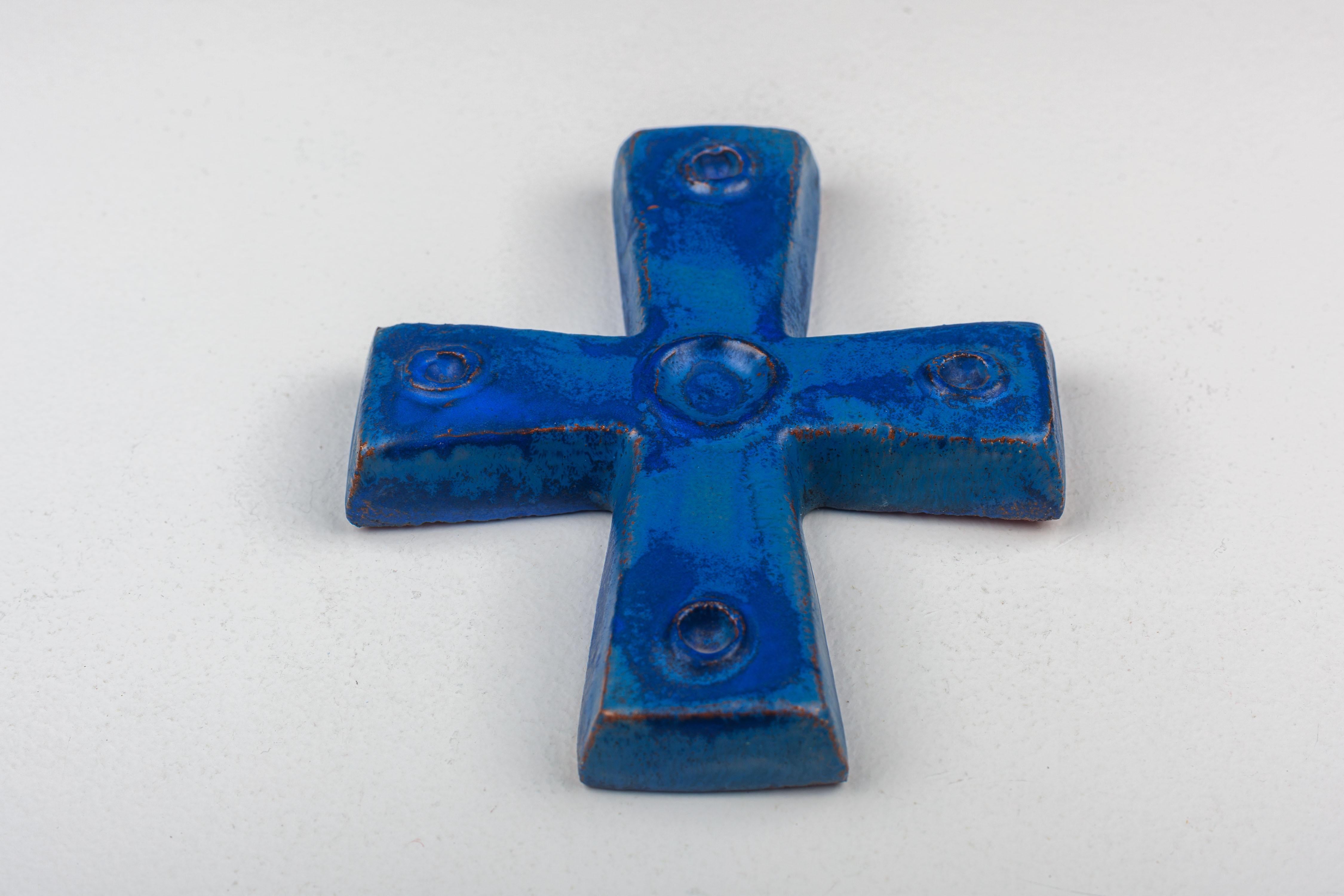 Blue Ceramic Cross with Circular Embellishments, Unique Religious Collectible For Sale 1