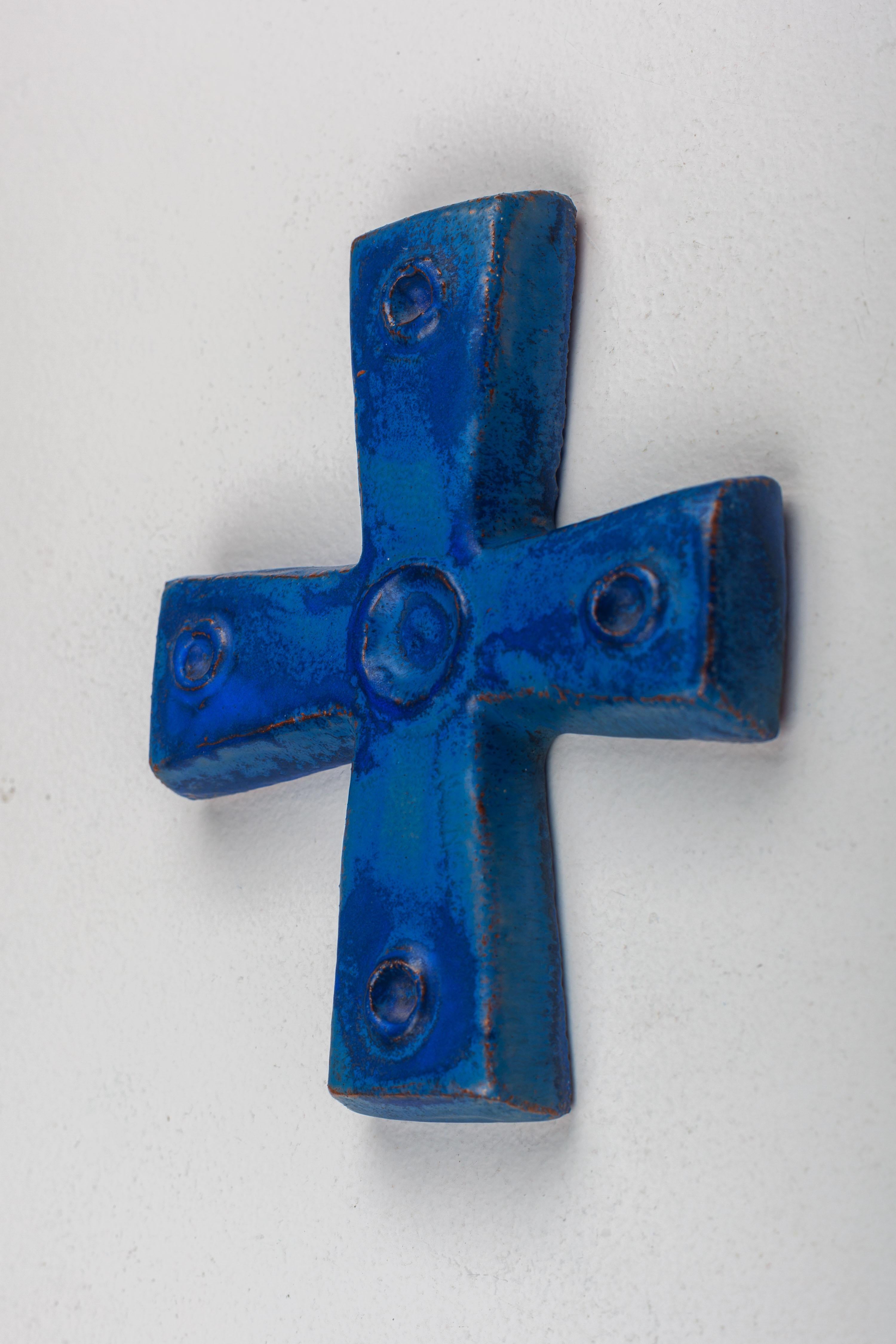 Arts and Crafts Blue Ceramic Cross with Circular Embellishments, Unique Religious Collectible For Sale