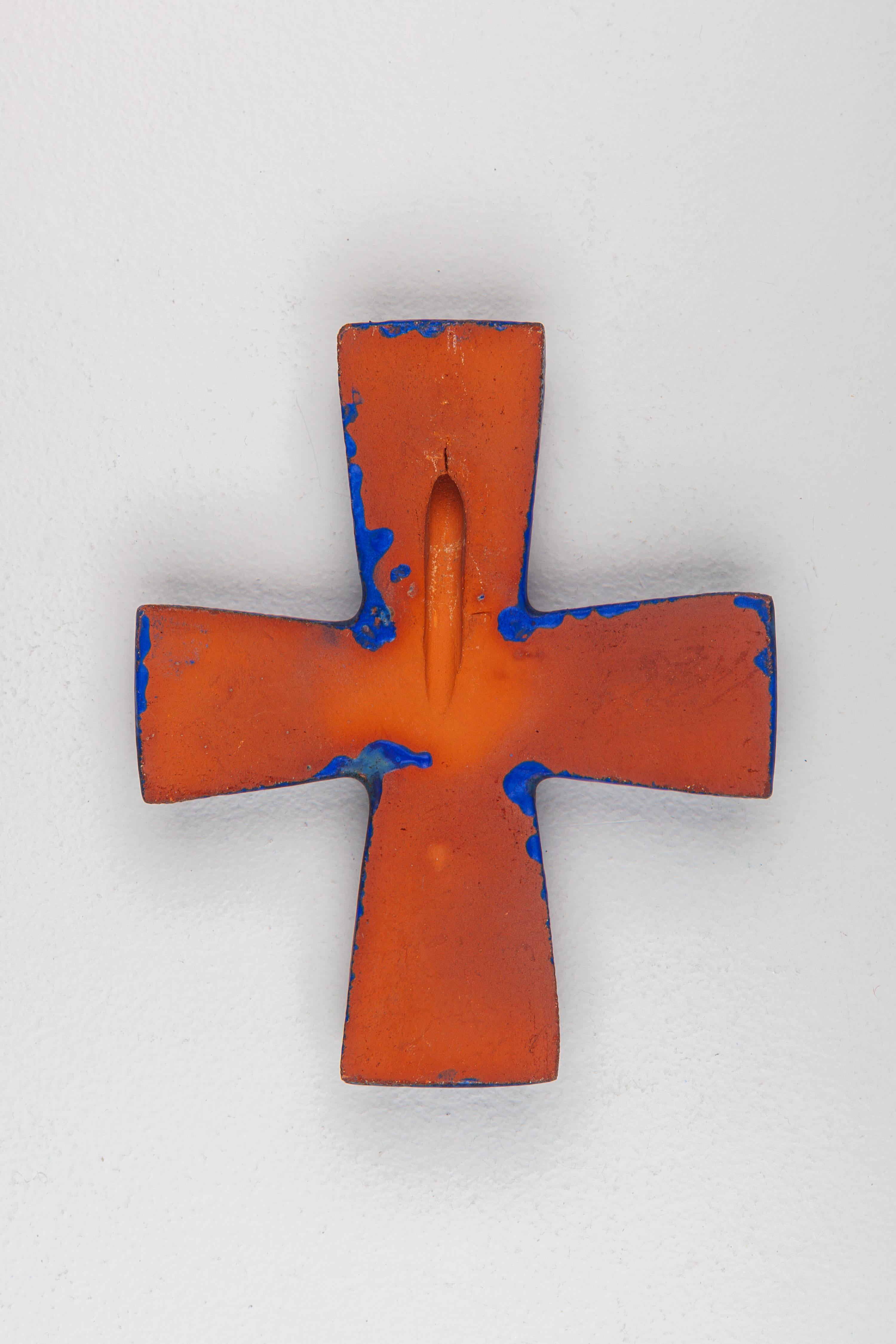 European Blue Ceramic Cross with Circular Embellishments, Unique Religious Collectible For Sale