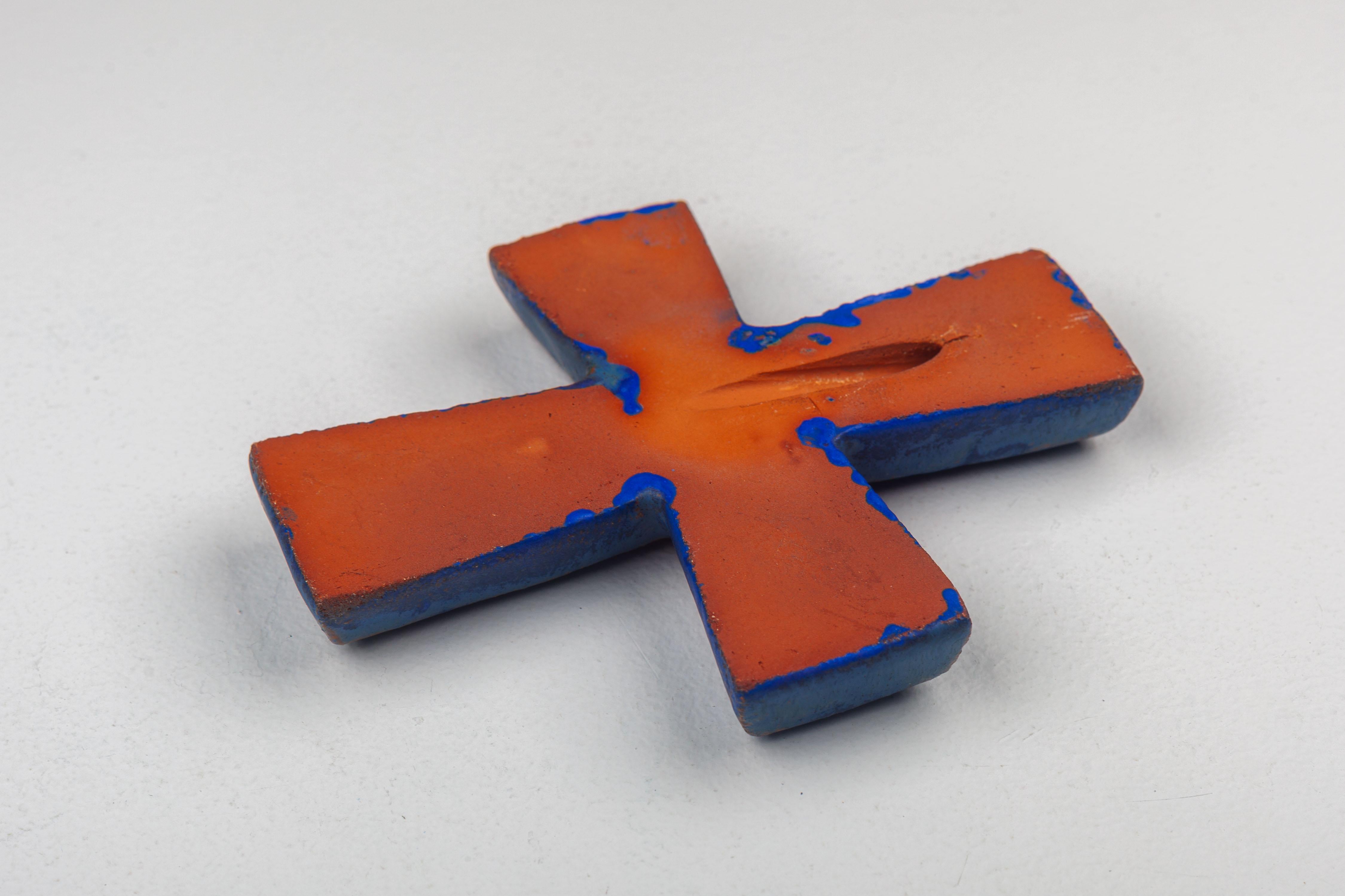 Blue Ceramic Cross with Circular Embellishments, Unique Religious Collectible In Good Condition For Sale In Chicago, IL
