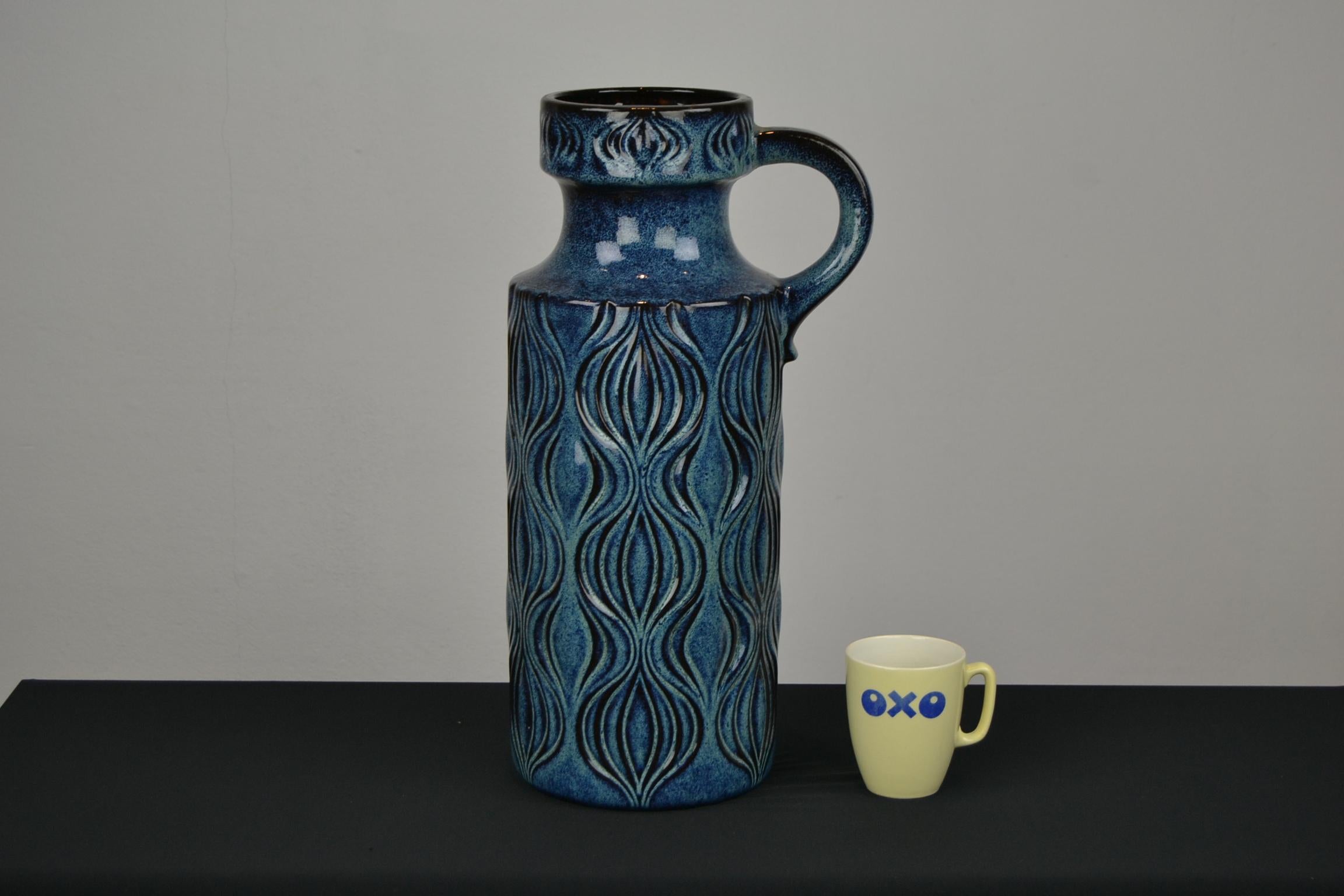 Mid-Century Modern Blue Ceramic Floor Vase with Handle by Scheurich, Western Germany, 1960s