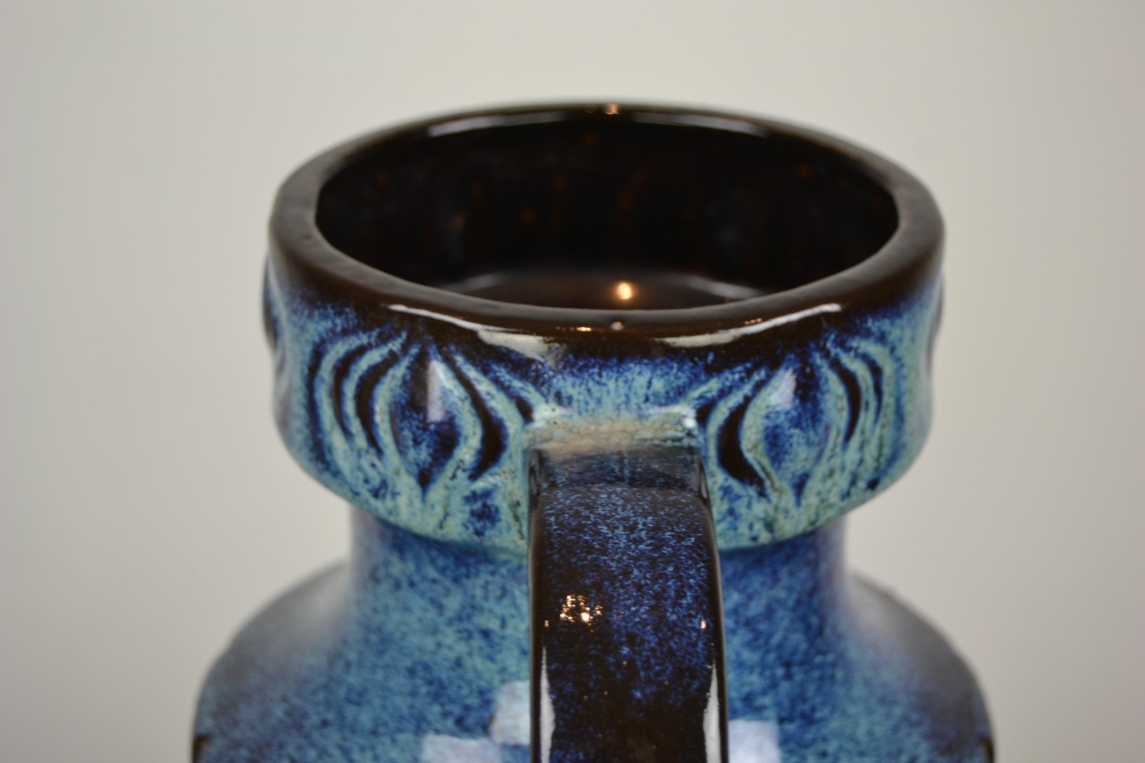 20th Century Blue Ceramic Floor Vase with Handle by Scheurich, Western Germany, 1960s