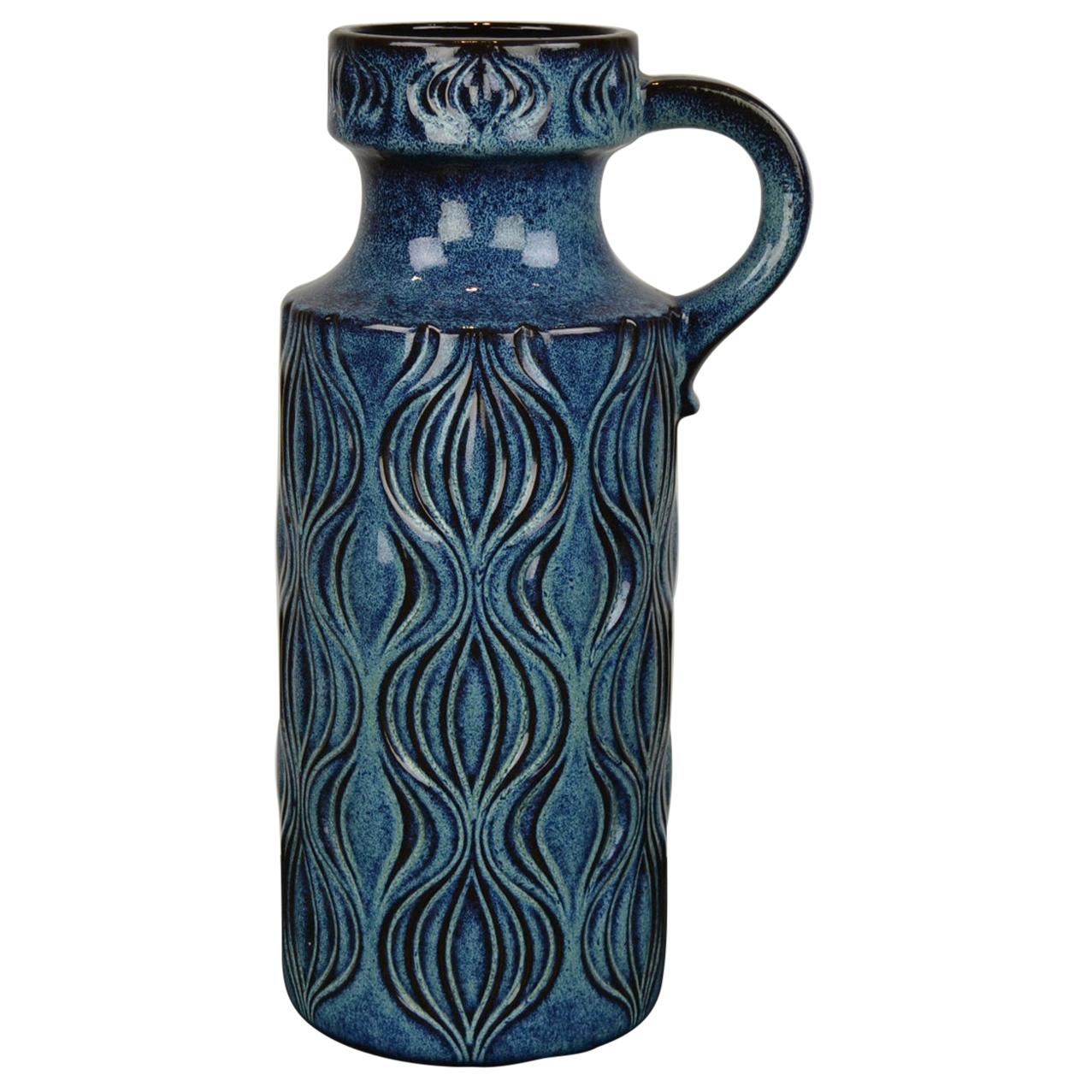 Blue Ceramic Floor Vase with Handle by Scheurich, Western Germany, 1960s