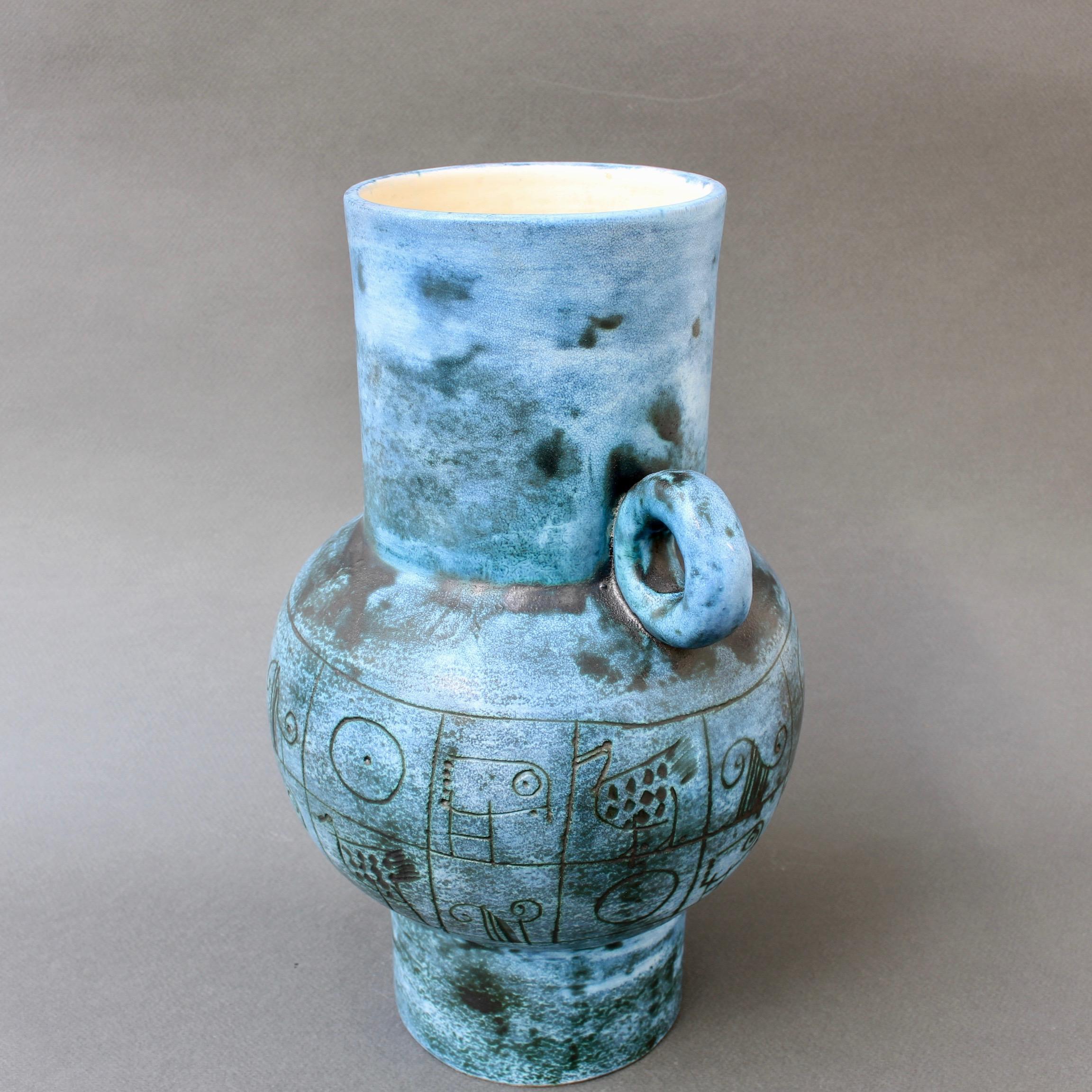 Blue Ceramic Flower Vase with Handle by Jacques Blin, circa 1950s 9