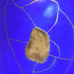 Pots en céramique bleue à rayures jaunes