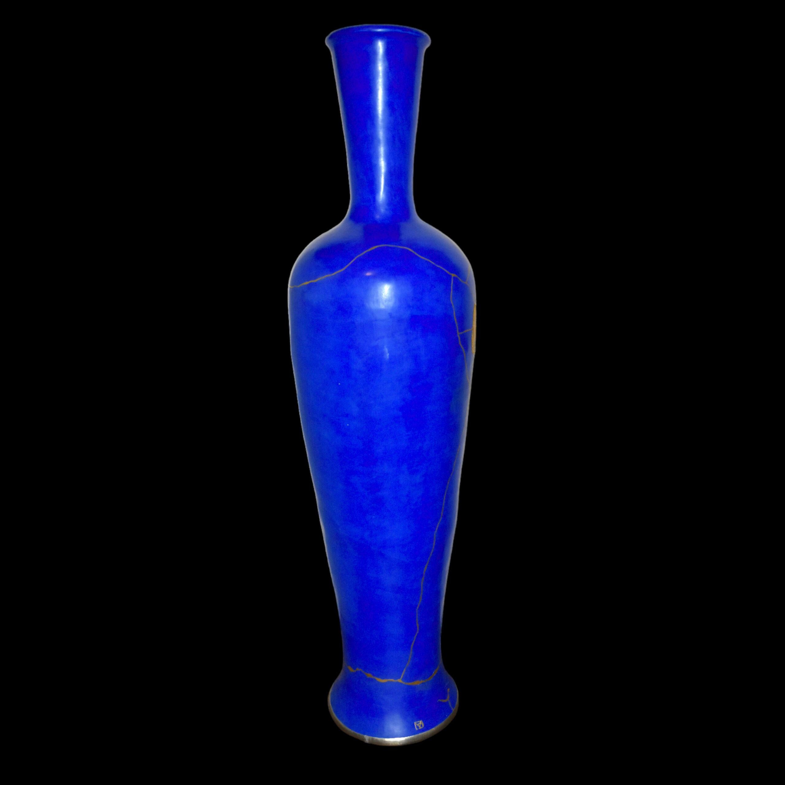 Francese Vasetti di ceramica blu con razze gialle in vendita