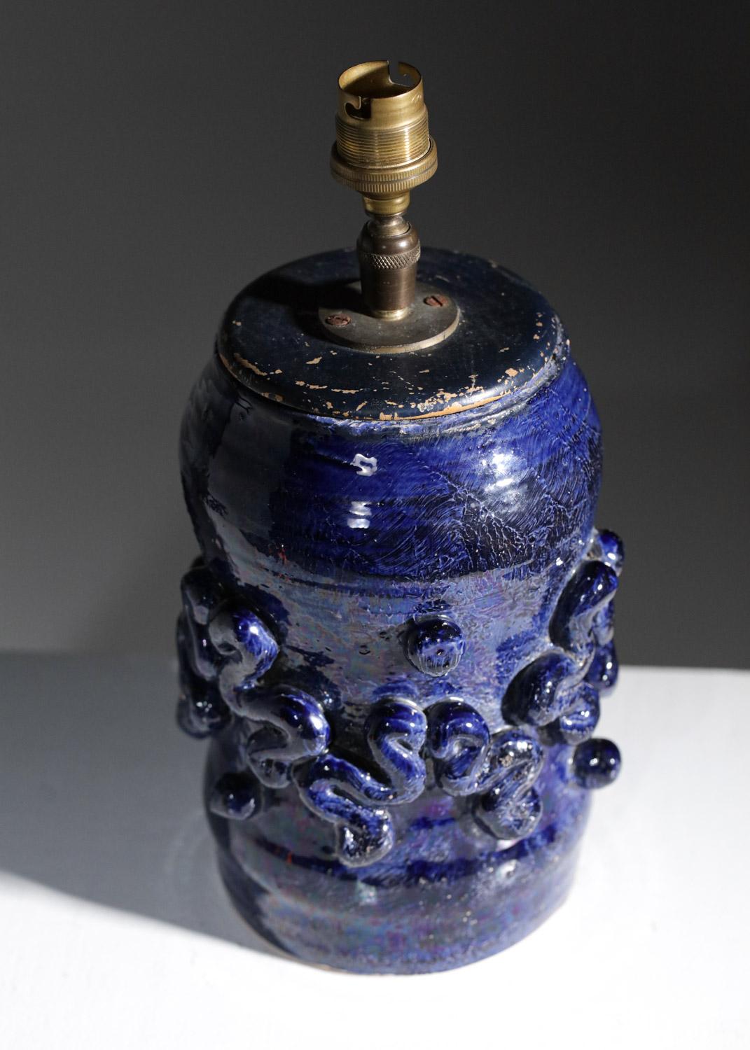 Mid-Century Modern Blue Ceramic Lamp Base Jean Austruy 50's - G446 For Sale