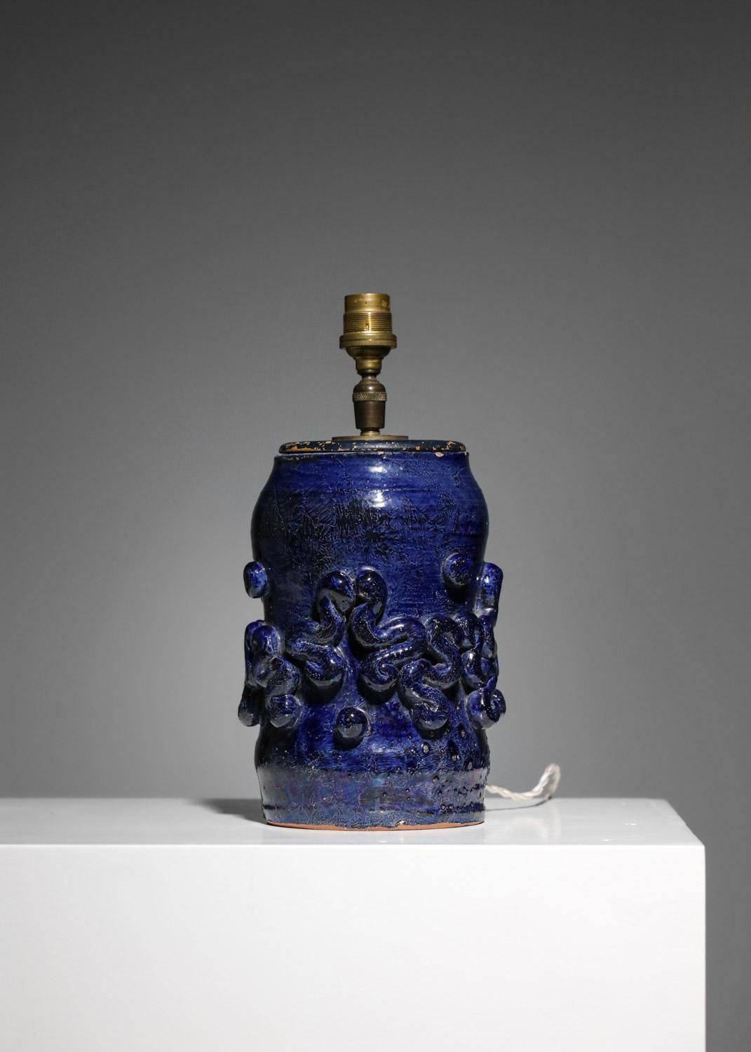 Hand-Carved Blue Ceramic Lamp Base Jean Austruy 50's - G446 For Sale