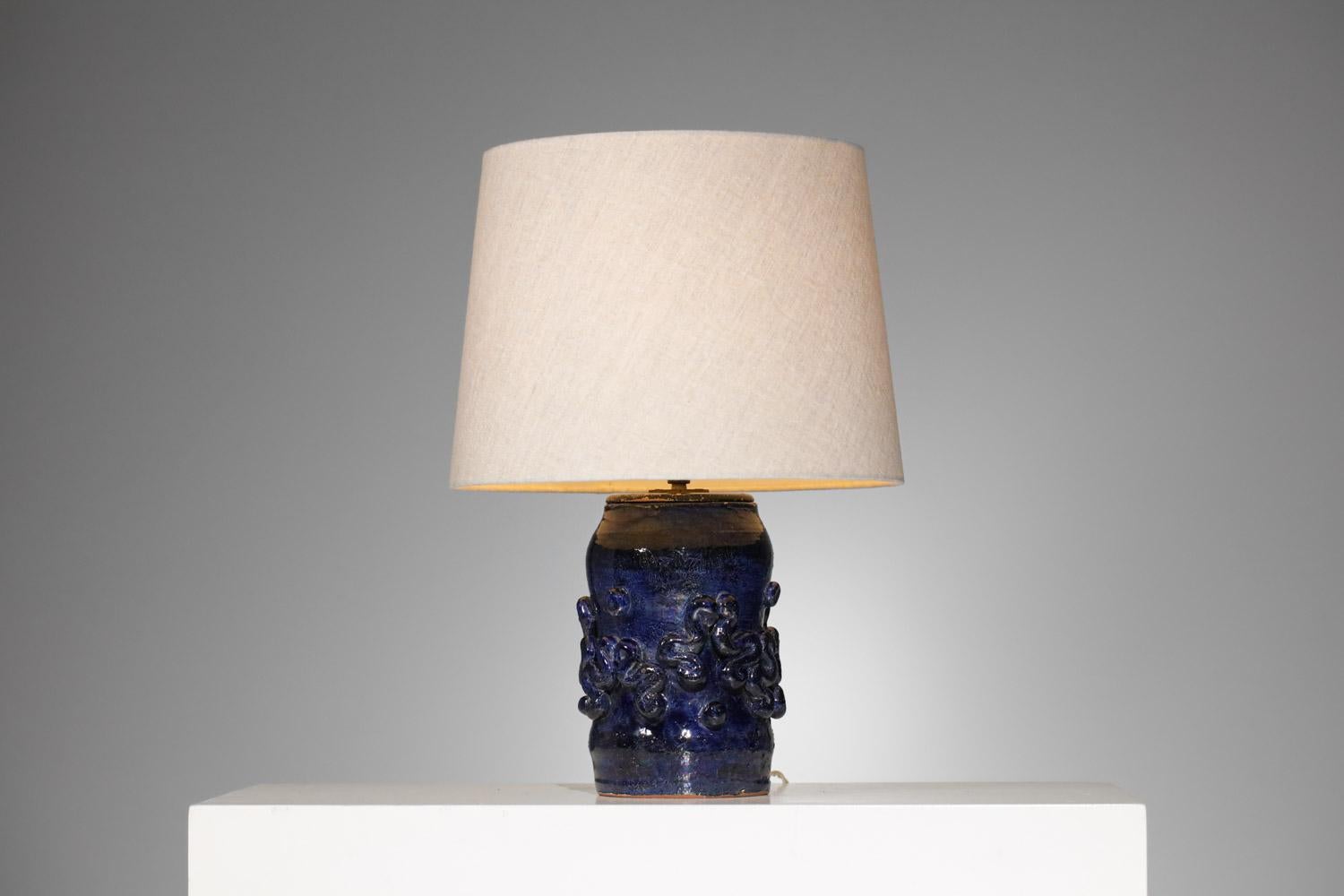 Pottery Blue Ceramic Lamp Base Jean Austruy 50's - G446 For Sale