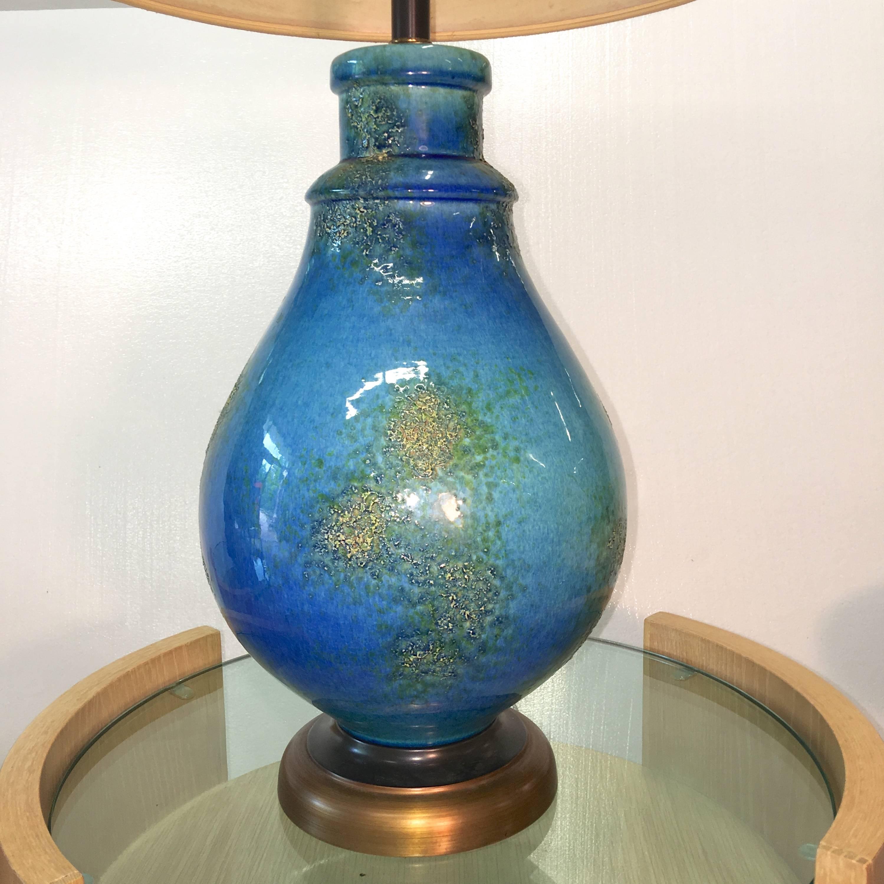 Glazed Blue Ceramic Lamp For Sale