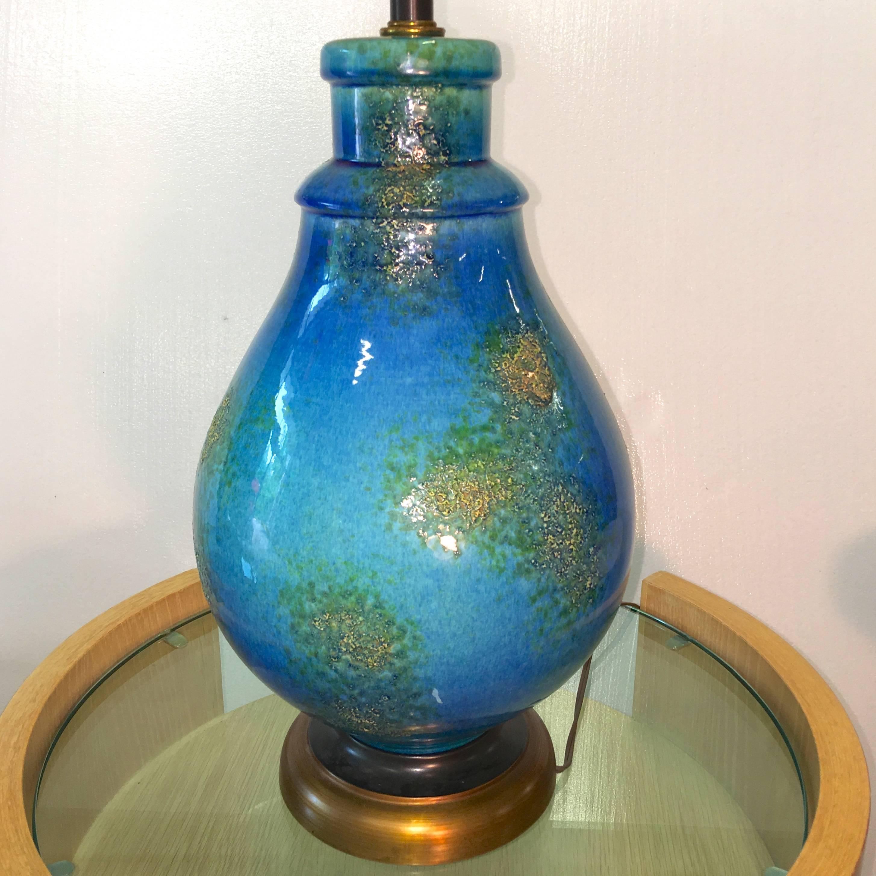 Blue Ceramic Lamp In Excellent Condition For Sale In Hanover, MA