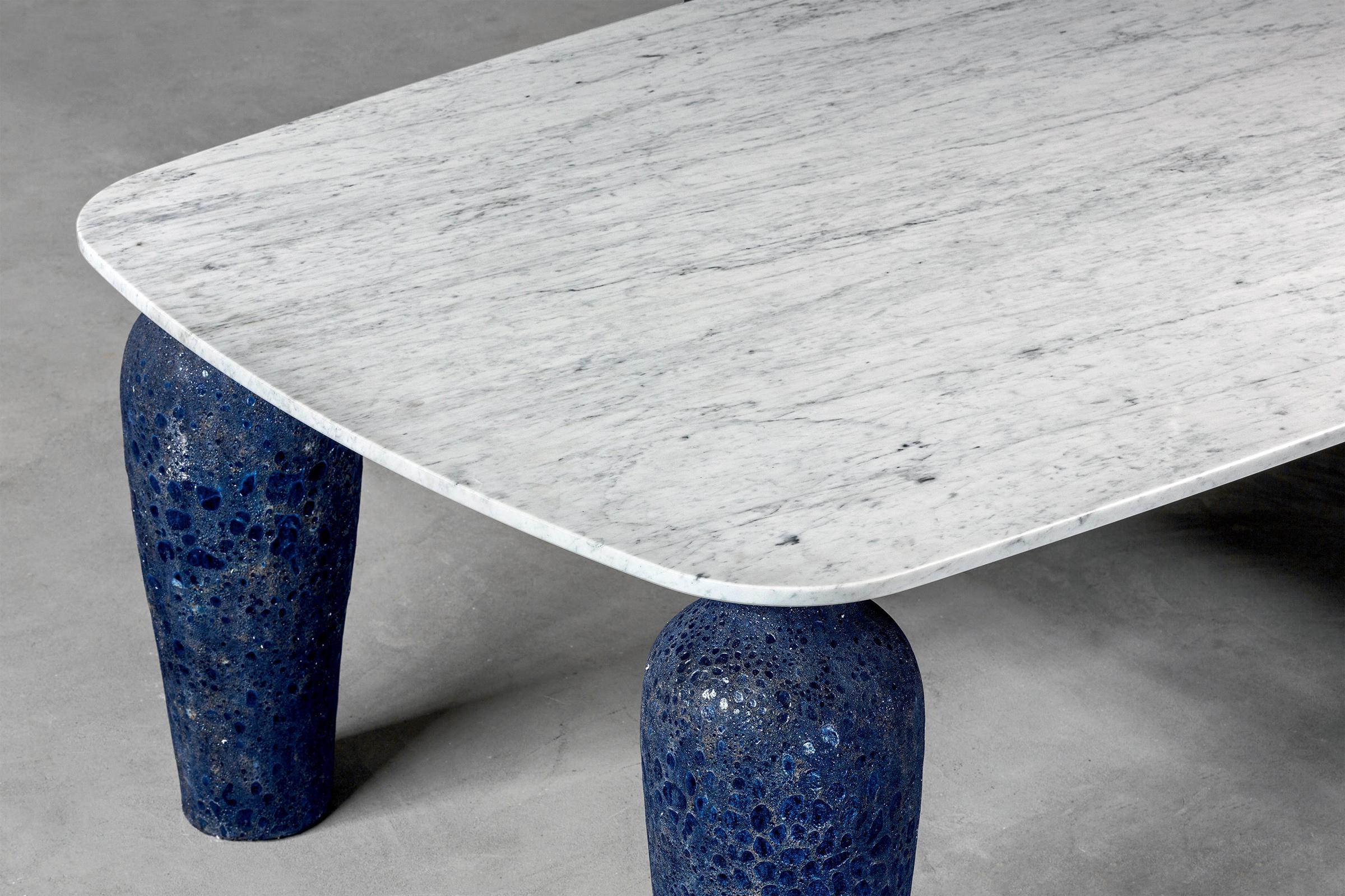 Hand-Crafted Blue Ceramic Long Dining Table For Sale