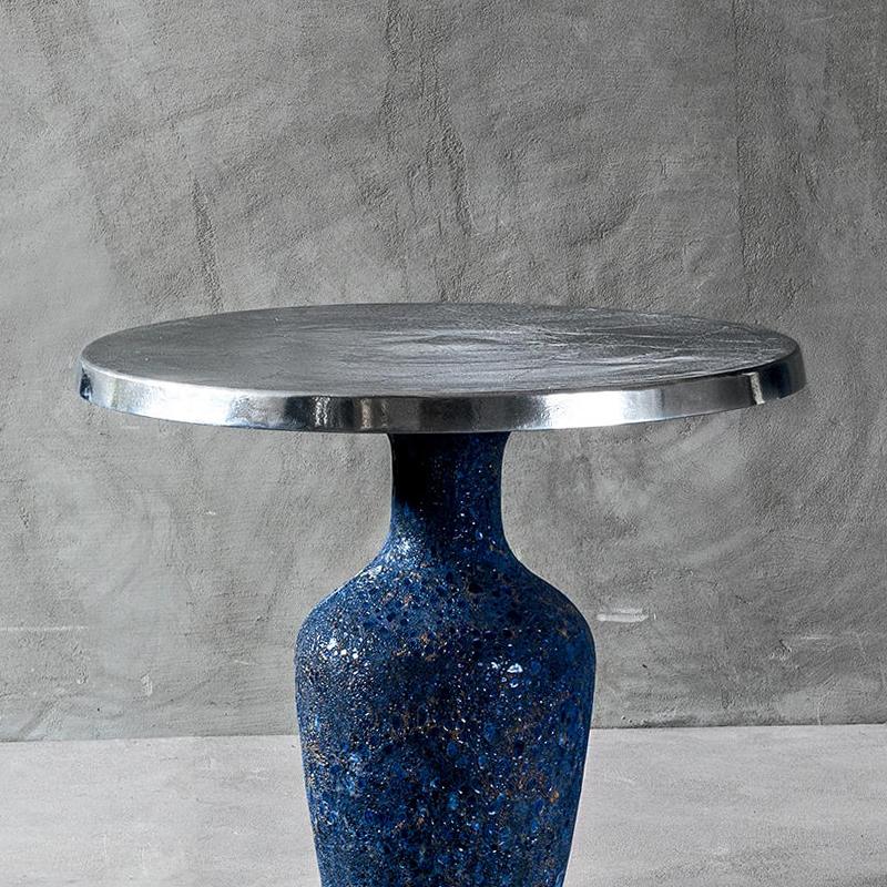 Italian Blue Ceramic Low Center Table For Sale