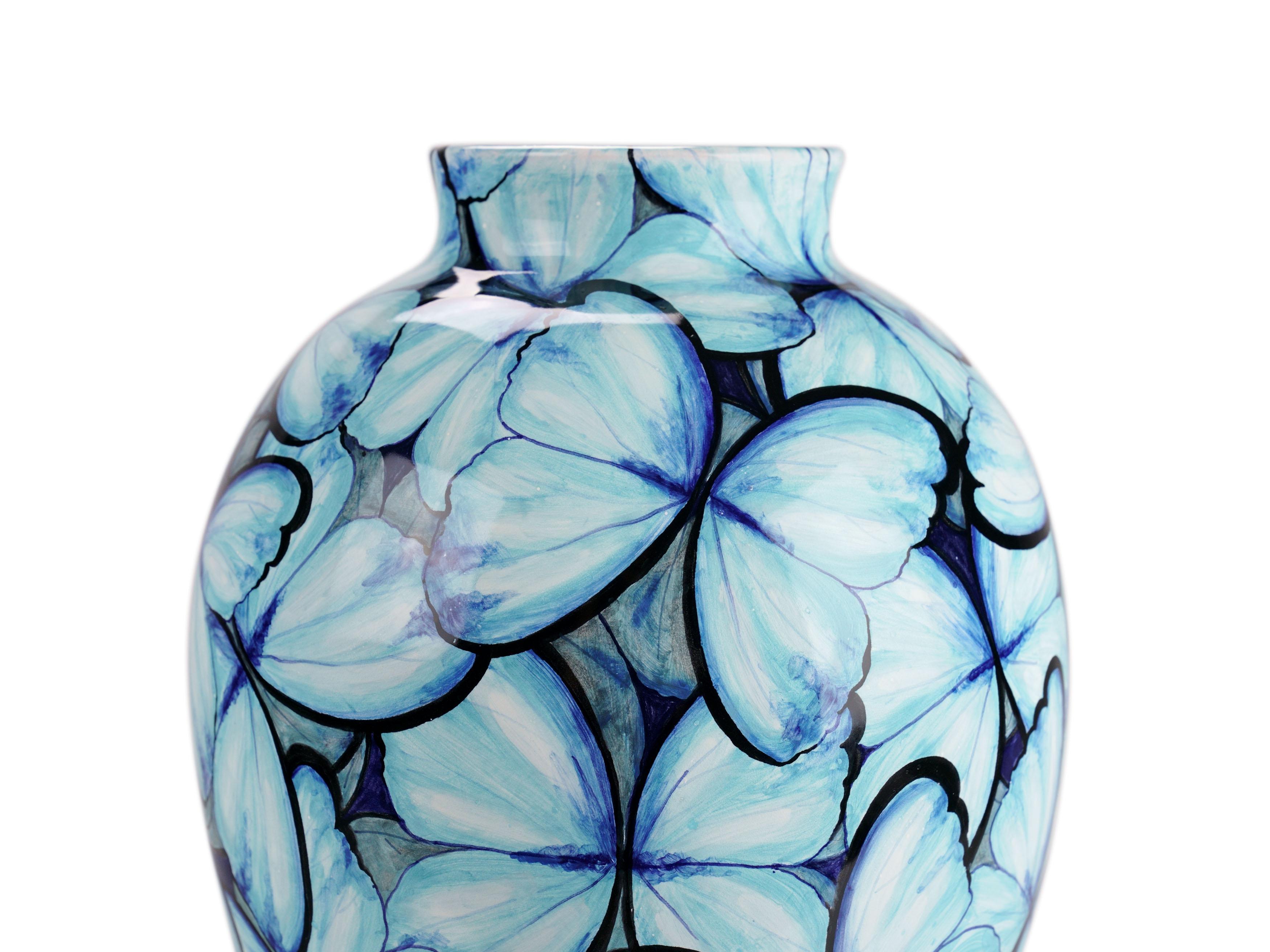 Blue Ceramic Majolica Vase Vessel Decorative Butterflies Hand Painted Italy For Sale 3