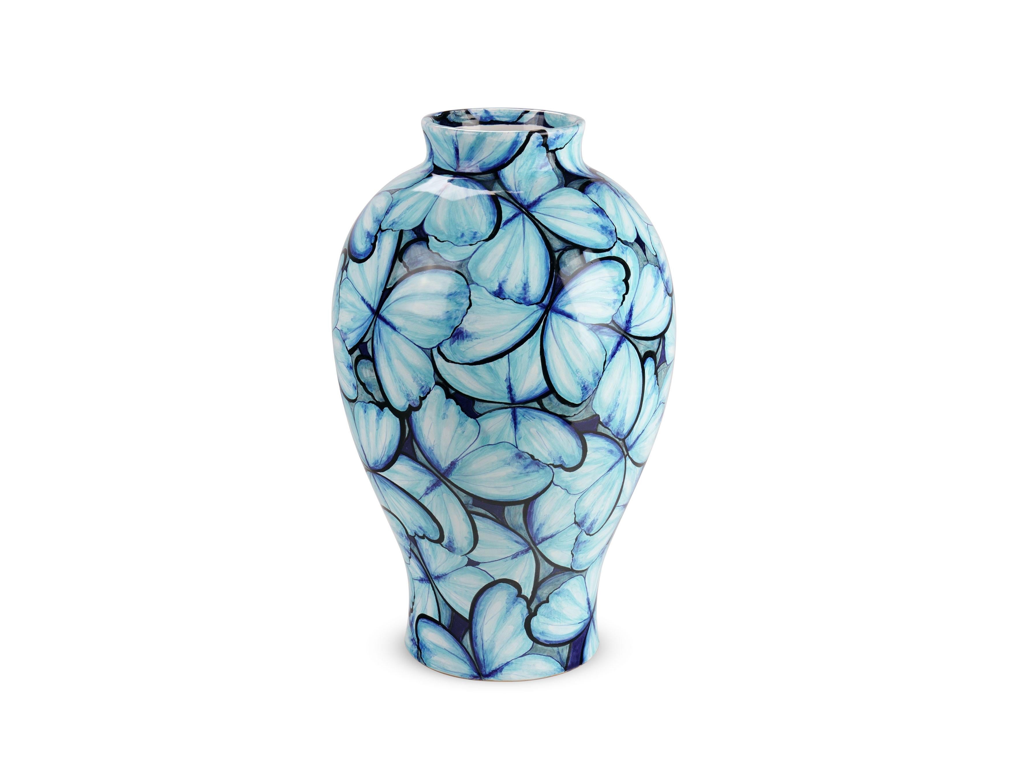 Blue Ceramic Majolica Vase Vessel Decorative Butterflies Hand Painted Italy For Sale 5