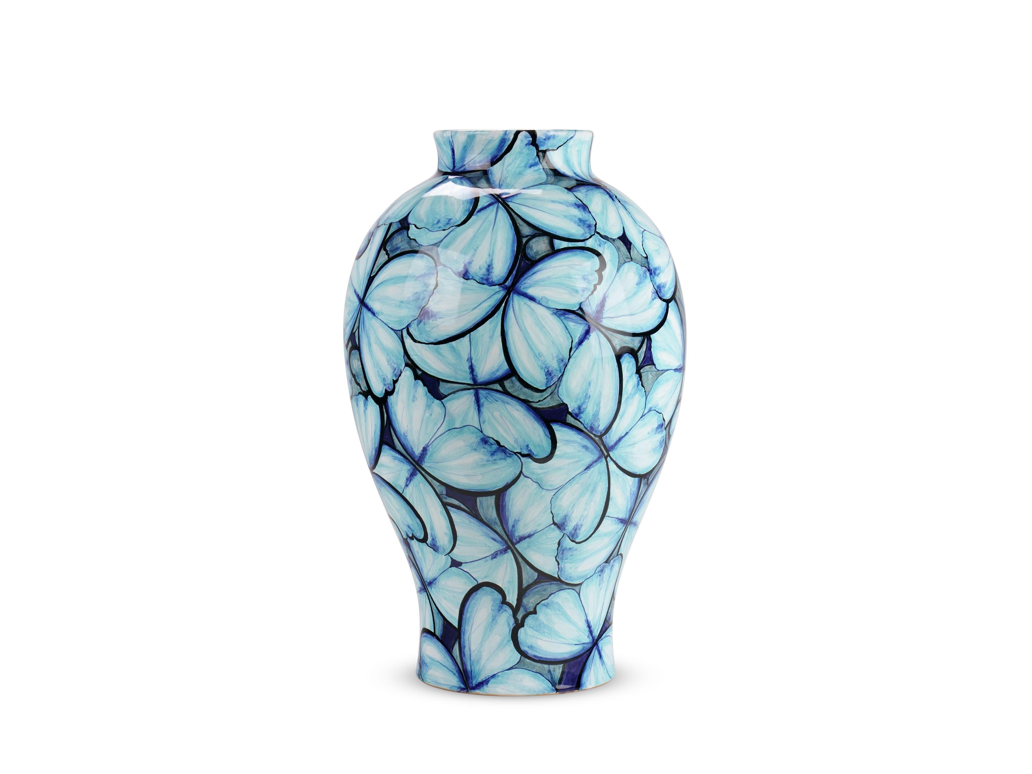 Italian Blue Ceramic Majolica Vase Vessel Decorative Butterflies Hand Painted Italy For Sale