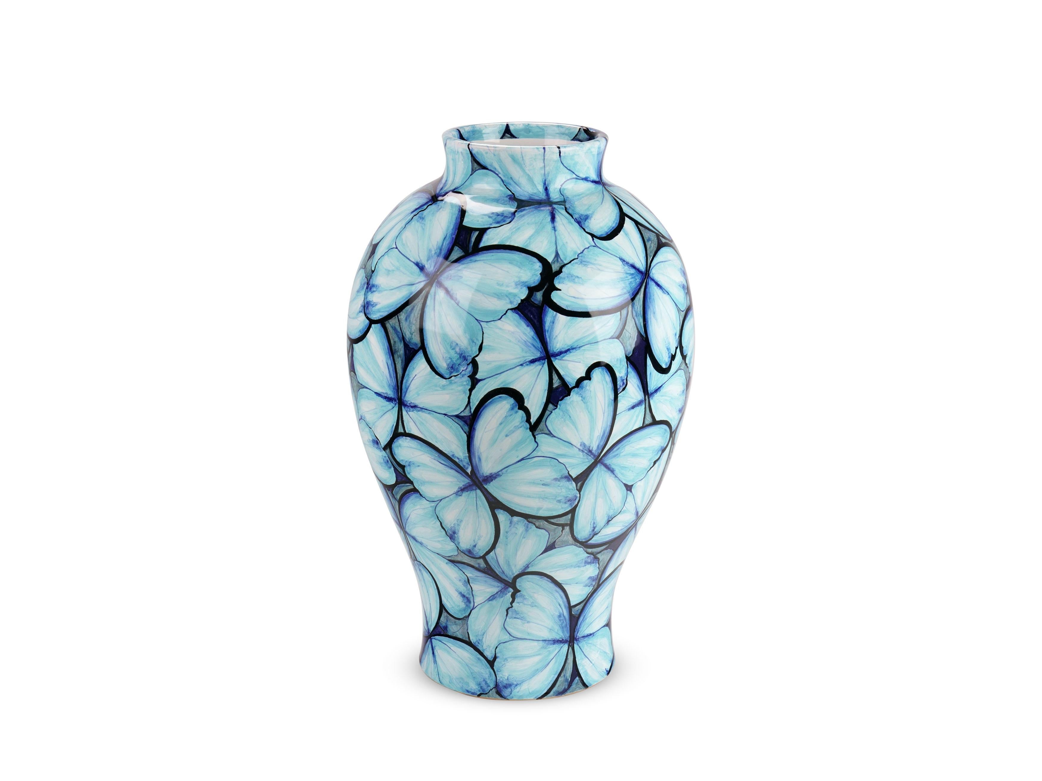 Blue Ceramic Majolica Vase Vessel Decorative Butterflies Hand Painted Italy In New Condition For Sale In Recanati, IT