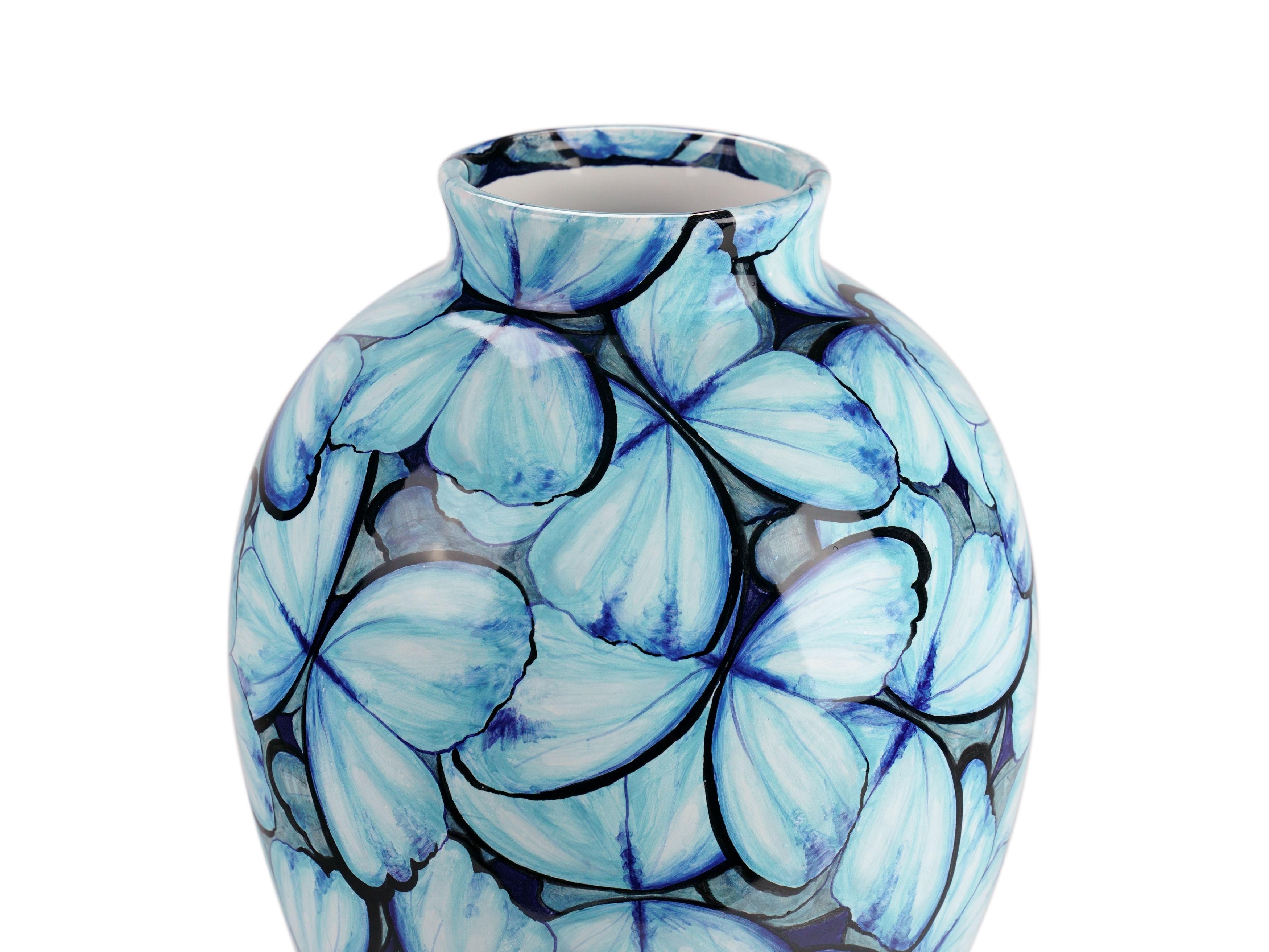 Blue Ceramic Majolica Vase Vessel Decorative Butterflies Hand Painted Italy For Sale 2