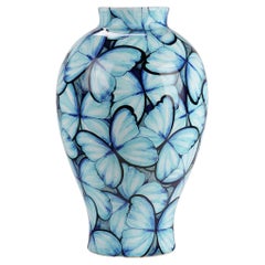 Blue Ceramic Majolica Vase Vessel Decorative Butterflies Hand Painted Italy