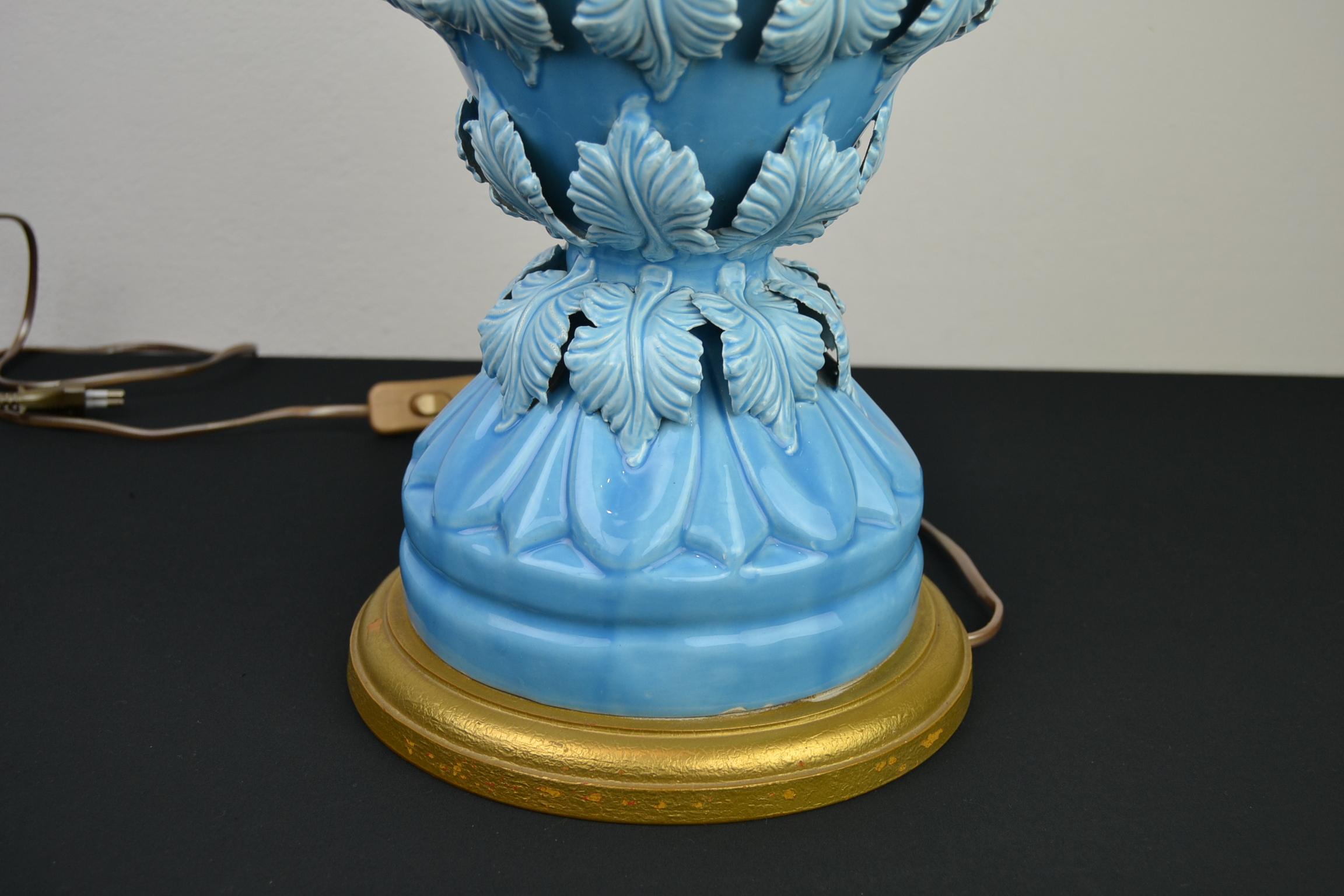 Blue Ceramic Manises Spain Table Lamp with Leaves, 1960s 3