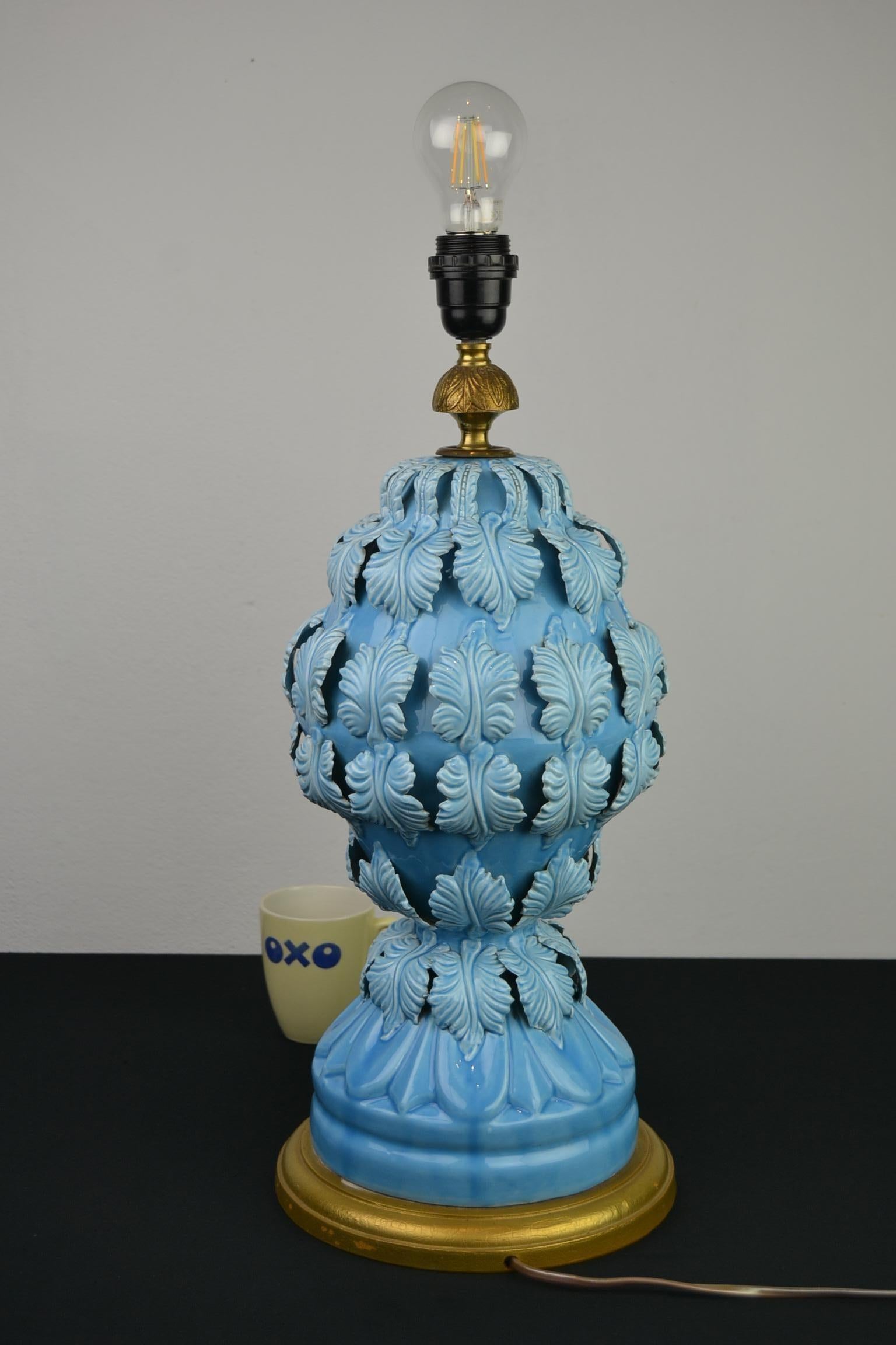 Blue Ceramic Manises Spain Table Lamp with Leaves, 1960s 4