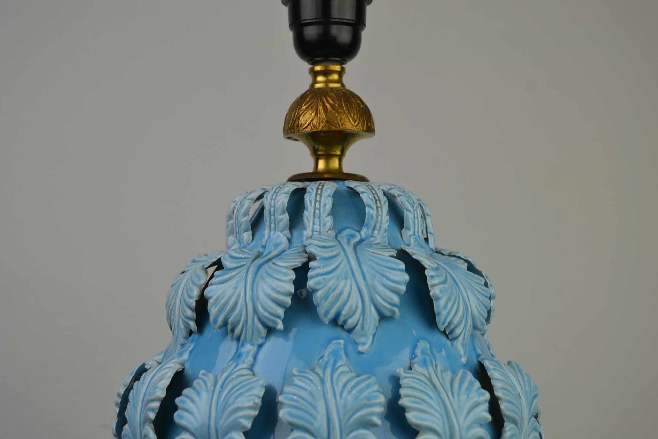 Blue Ceramic Manises Spain Table Lamp with Leaves, 1960s 5