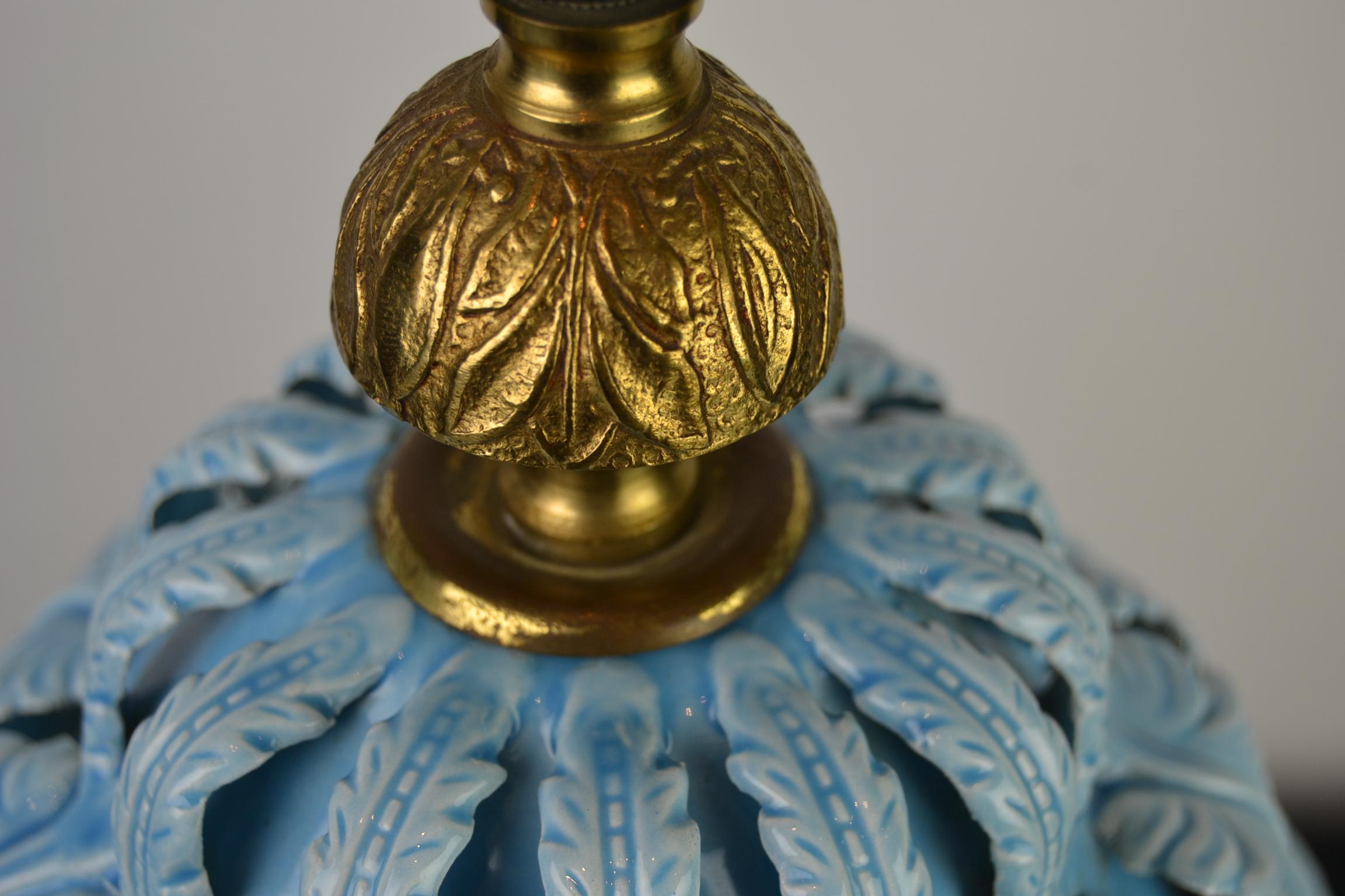 Blue Ceramic Manises Spain Table Lamp with Leaves, 1960s 6