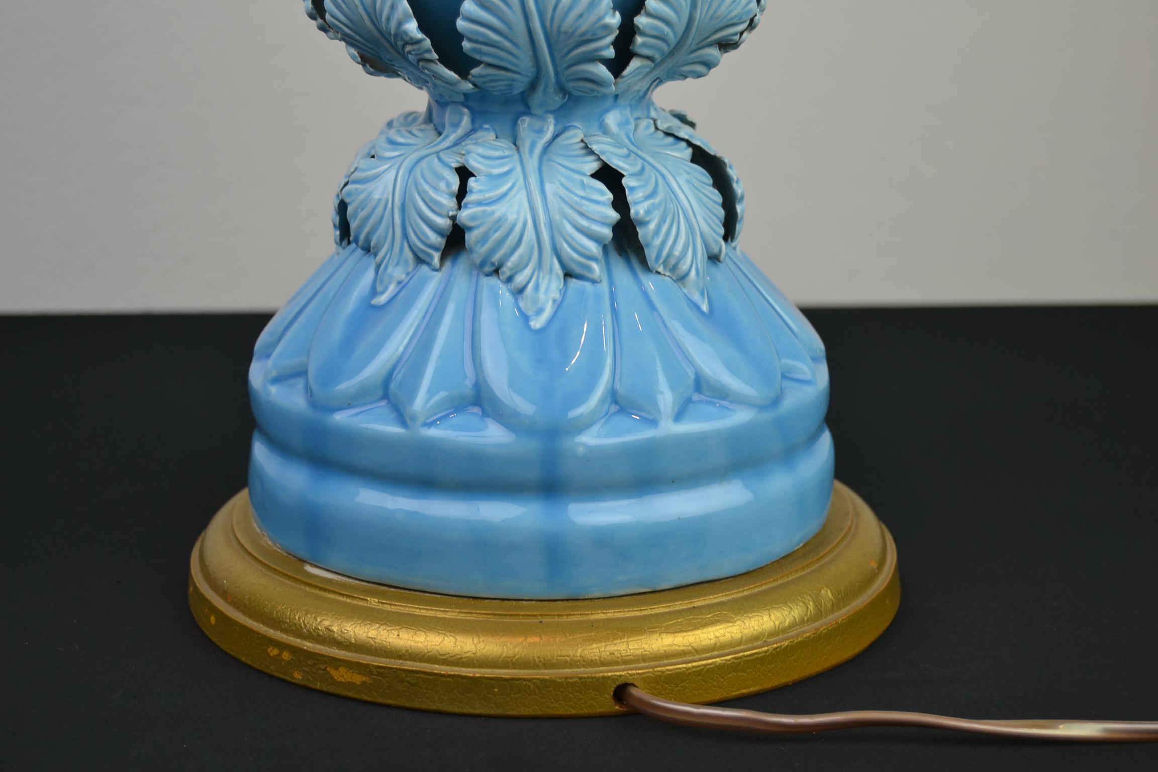 Blue Ceramic Manises Spain Table Lamp with Leaves, 1960s 8