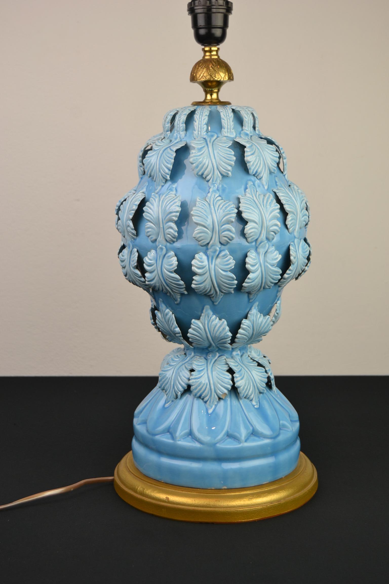 Blue Ceramic Manises Spain Table Lamp with Leaves, 1960s 9