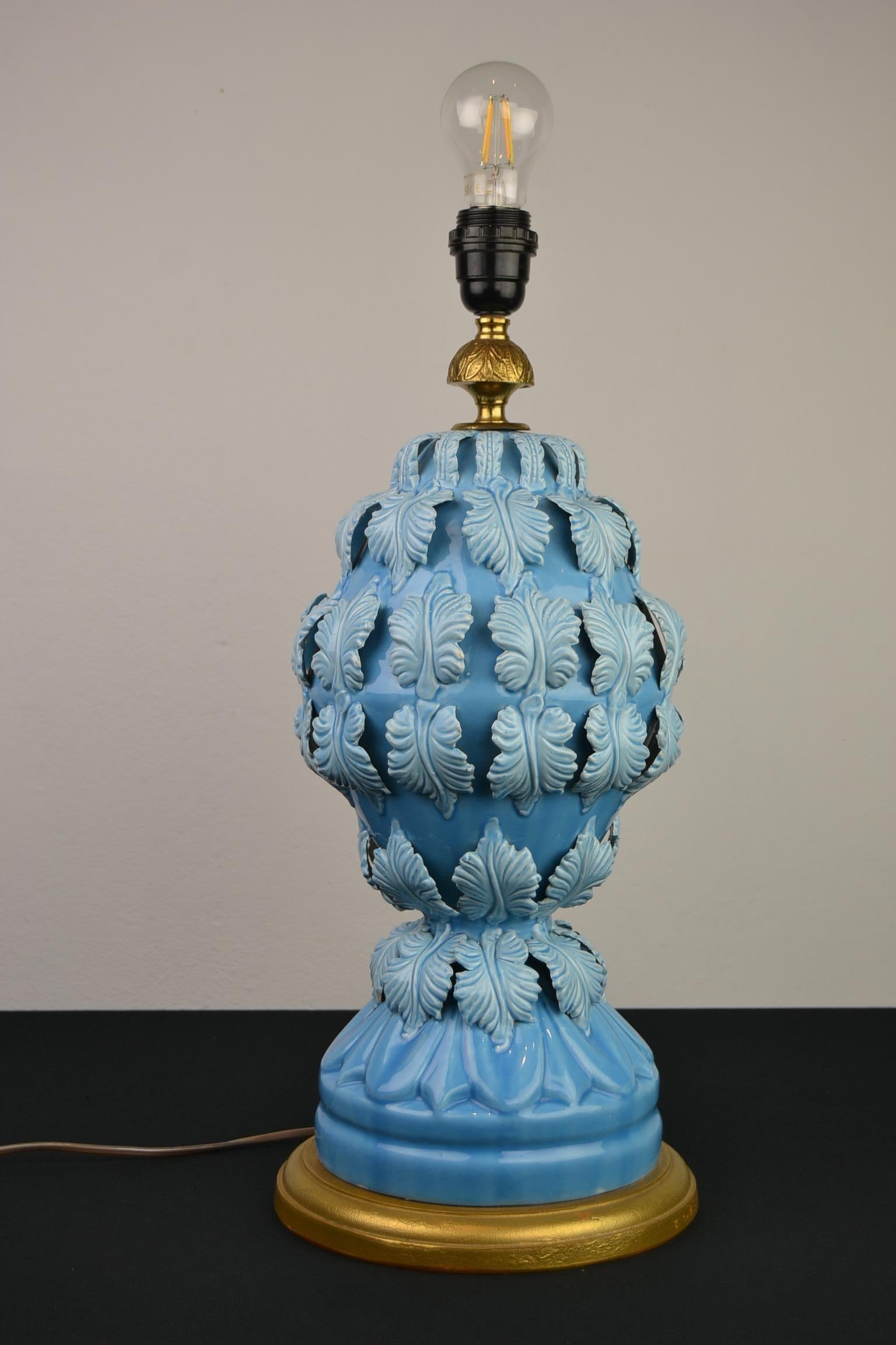 Blue Ceramic Manises Spain Table Lamp with Leaves, 1960s 13