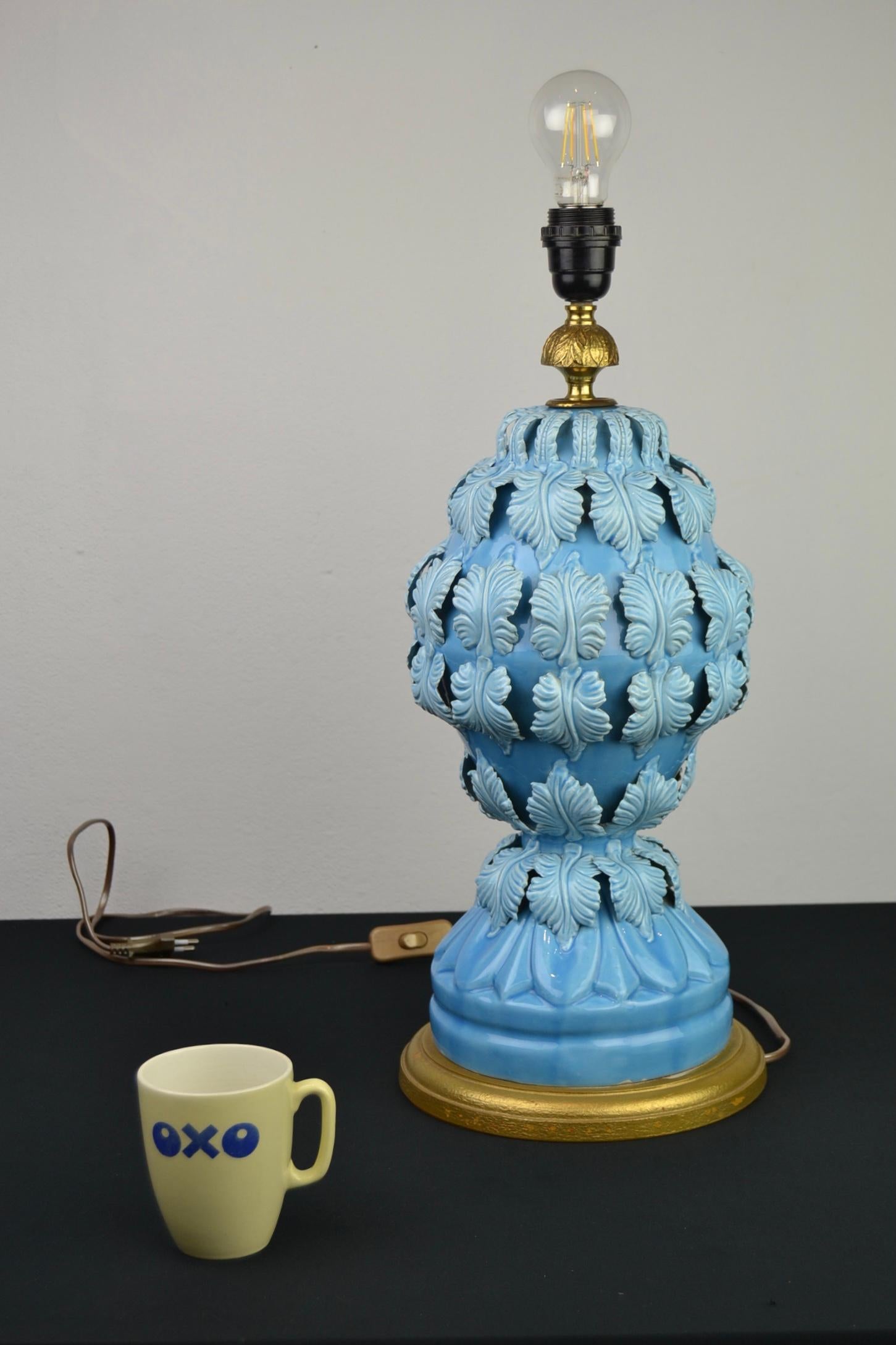20th Century Blue Ceramic Manises Spain Table Lamp with Leaves, 1960s