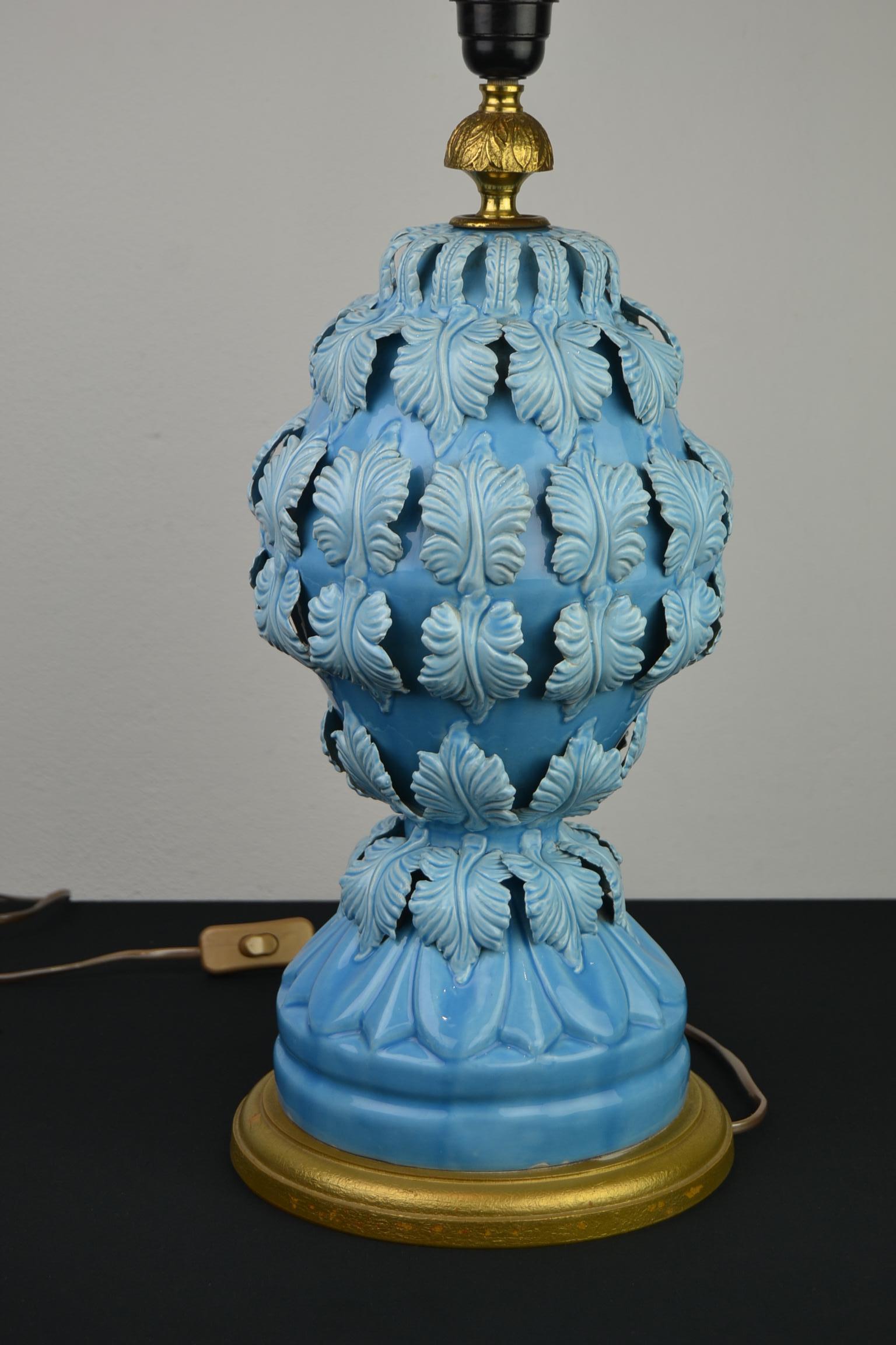 Blue Ceramic Manises Spain Table Lamp with Leaves, 1960s 1