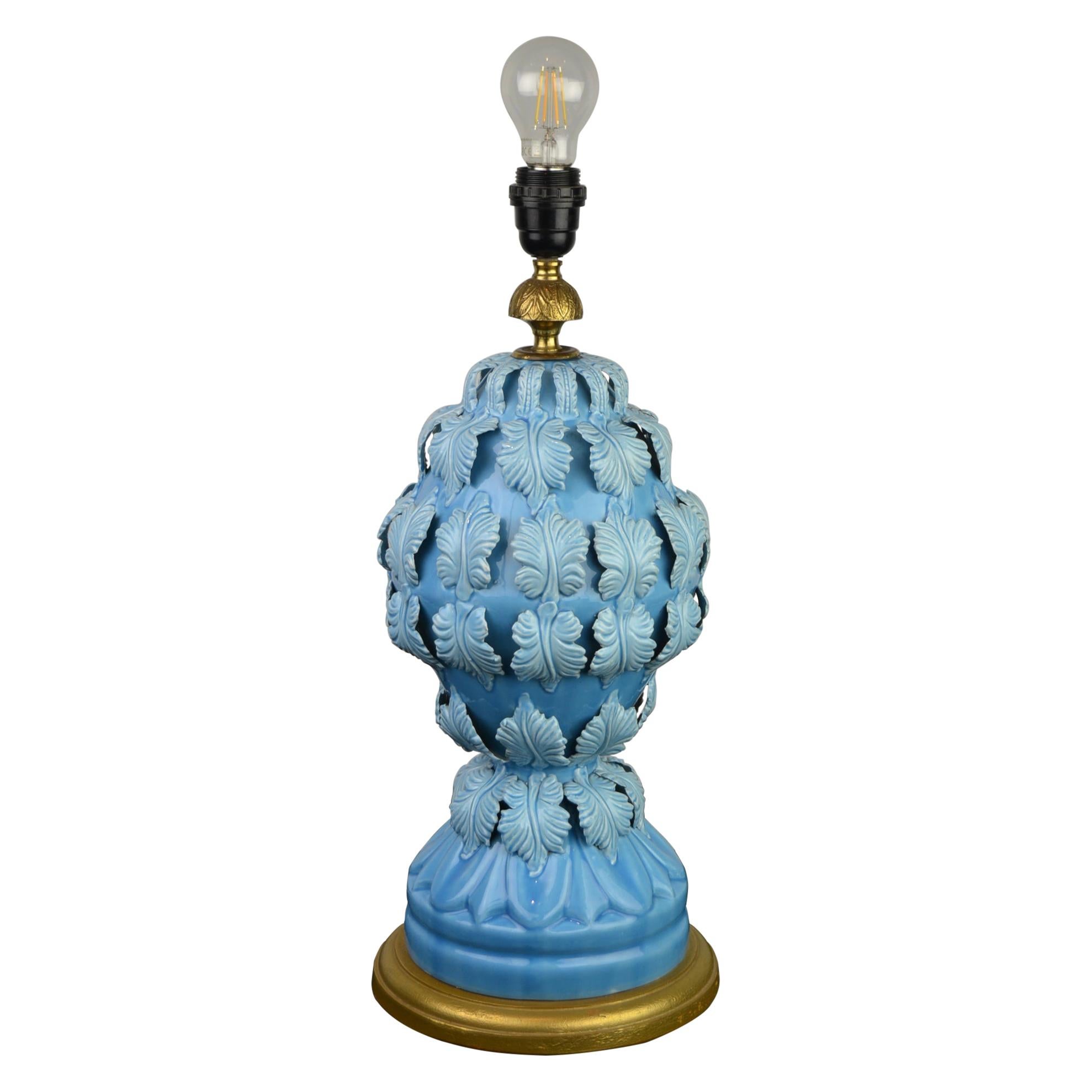 Blue Ceramic Manises Spain Table Lamp with Leaves, 1960s