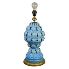Blue Ceramic Manises Spain Table Lamp with Leaves, 1960s