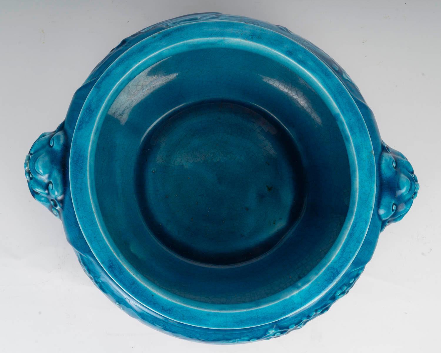 Fioriera in ceramica blu, design Chinoisant, Longwy, periodo Napoleone III. in vendita 4