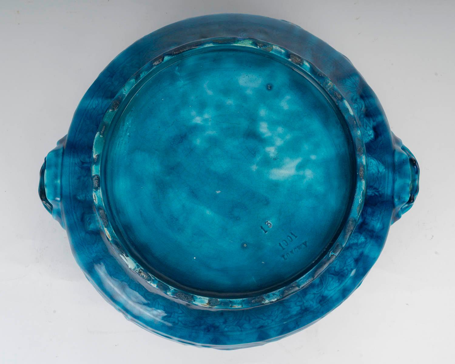 Fioriera in ceramica blu, design Chinoisant, Longwy, periodo Napoleone III. in vendita 5