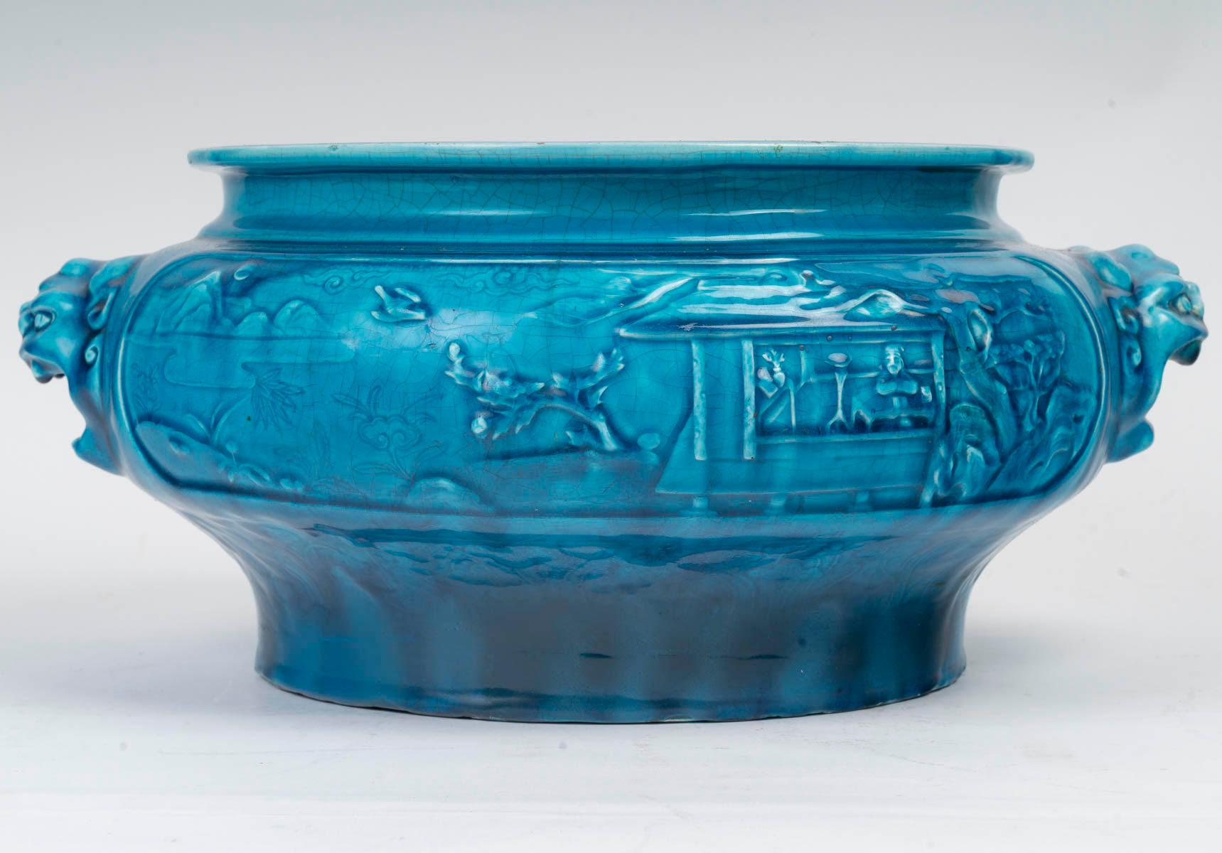 Francese Fioriera in ceramica blu, design Chinoisant, Longwy, periodo Napoleone III. in vendita