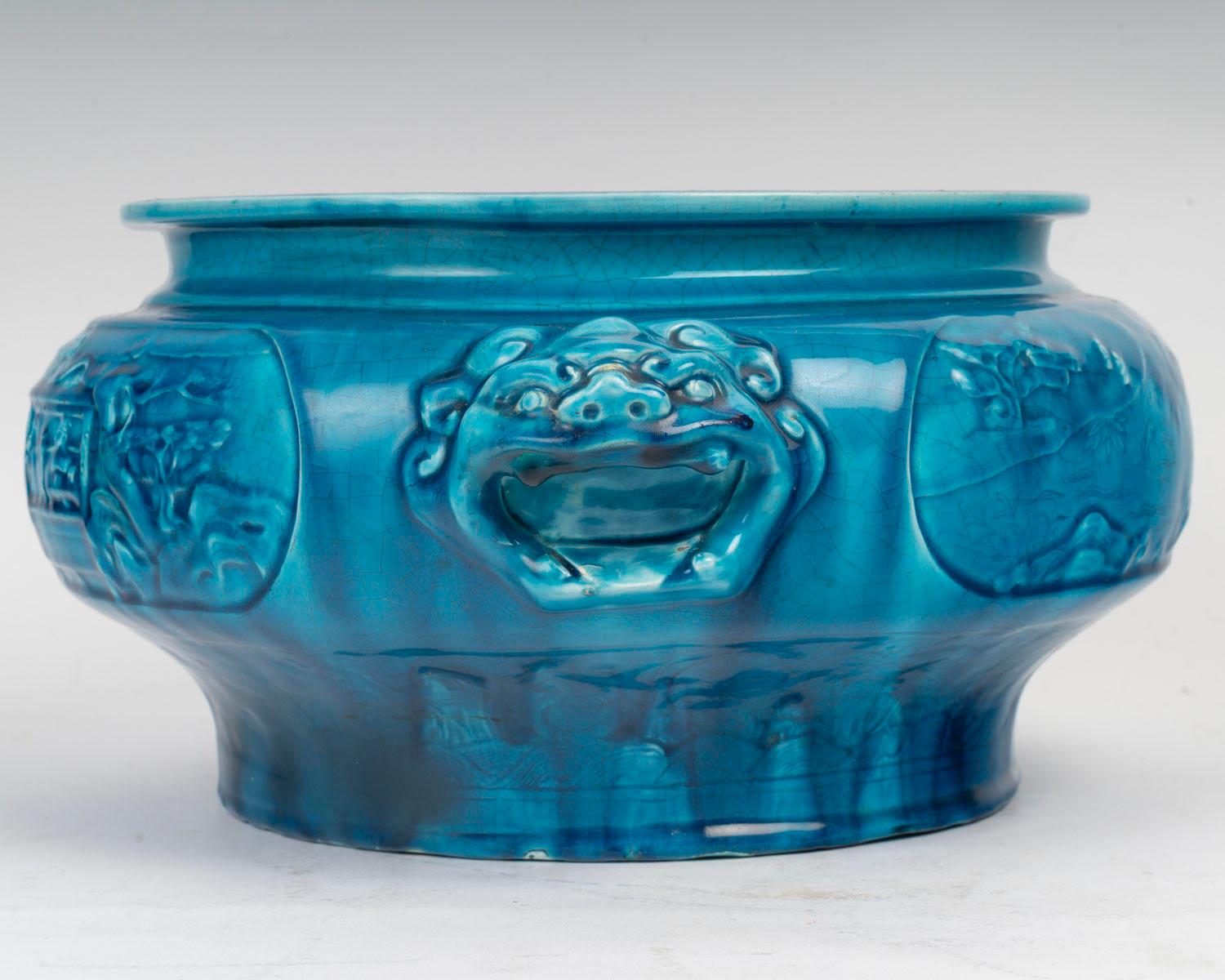 Fioriera in ceramica blu, design Chinoisant, Longwy, periodo Napoleone III. In condizioni buone in vendita a Saint-Ouen, FR