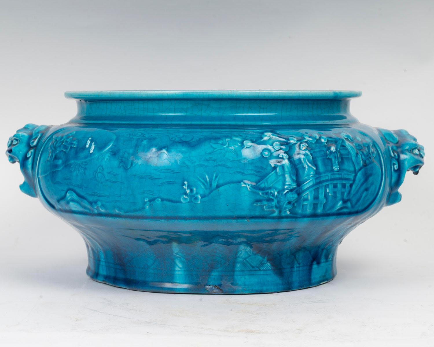 Fioriera in ceramica blu, design Chinoisant, Longwy, periodo Napoleone III. in vendita 1