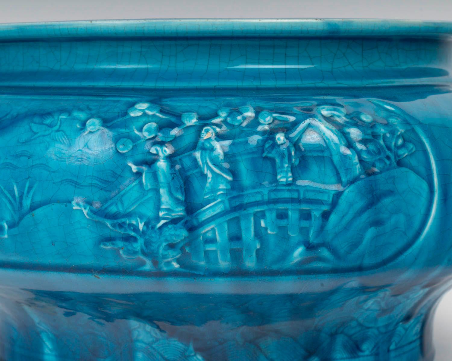 Fioriera in ceramica blu, design Chinoisant, Longwy, periodo Napoleone III. in vendita 2