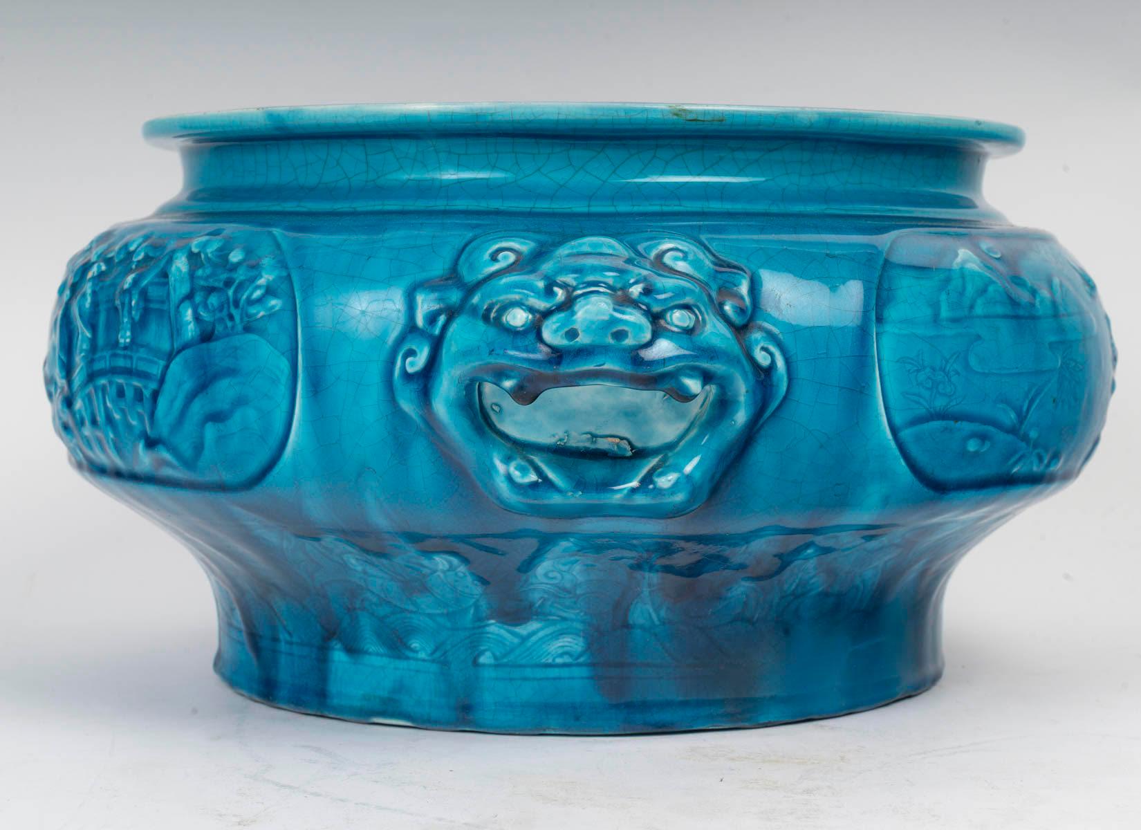 Fioriera in ceramica blu, design Chinoisant, Longwy, periodo Napoleone III. in vendita 3