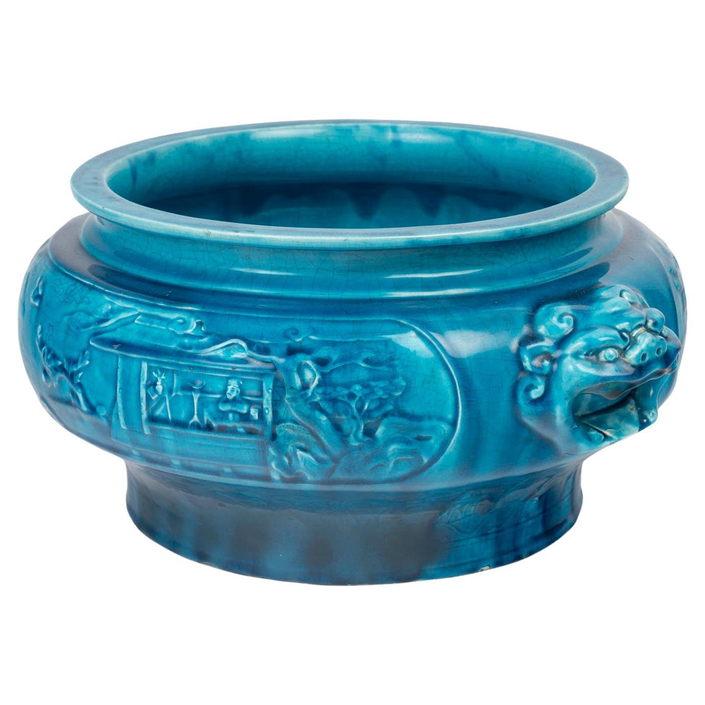 Fioriera in ceramica blu, design Chinoisant, Longwy, periodo Napoleone III. in vendita