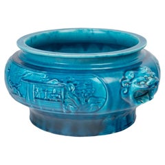Blue Ceramic Planter, Chinoisant Design, Longwy, Napoleon III Period.
