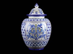 Blue Ceramic Potiche Centerpiece Vase Lid Majolica Hand Painted Deruta Italy