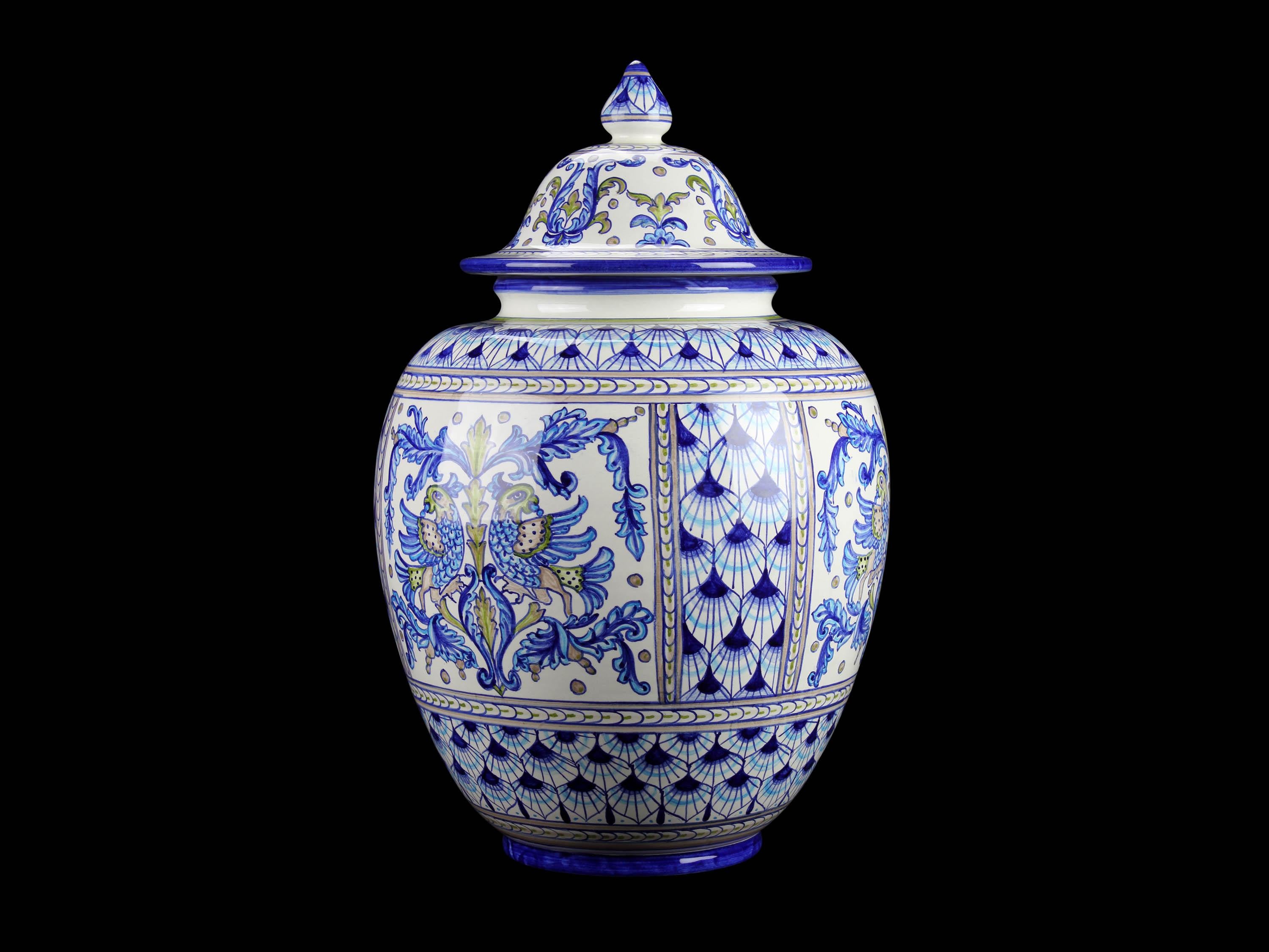 Modern Blue Ceramic Potiche Centerpiece Vase Lid Majolica Hand Painted Deruta Italy For Sale
