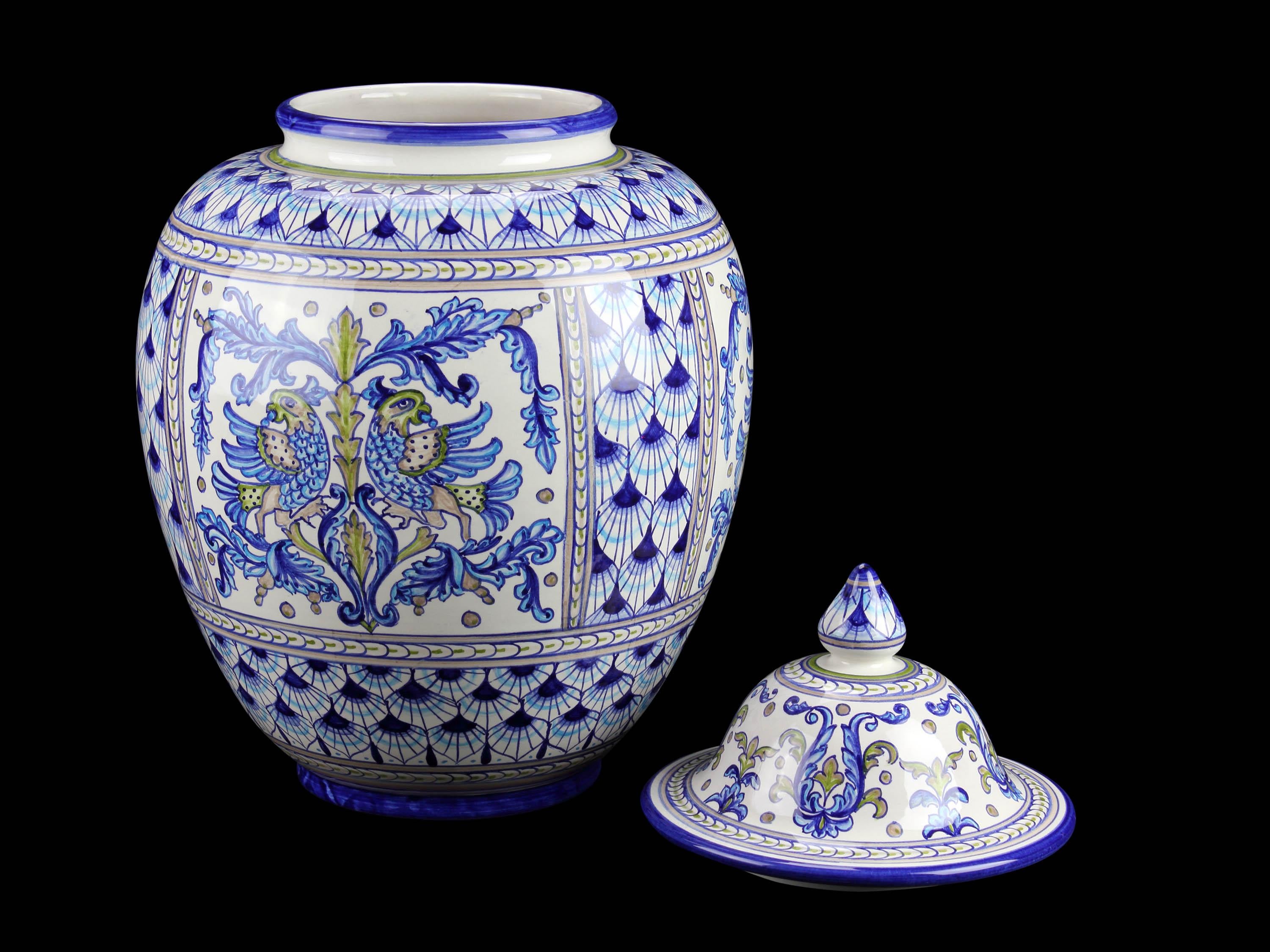 Italian Blue Ceramic Potiche Centerpiece Vase Lid Majolica Hand Painted Deruta Italy For Sale
