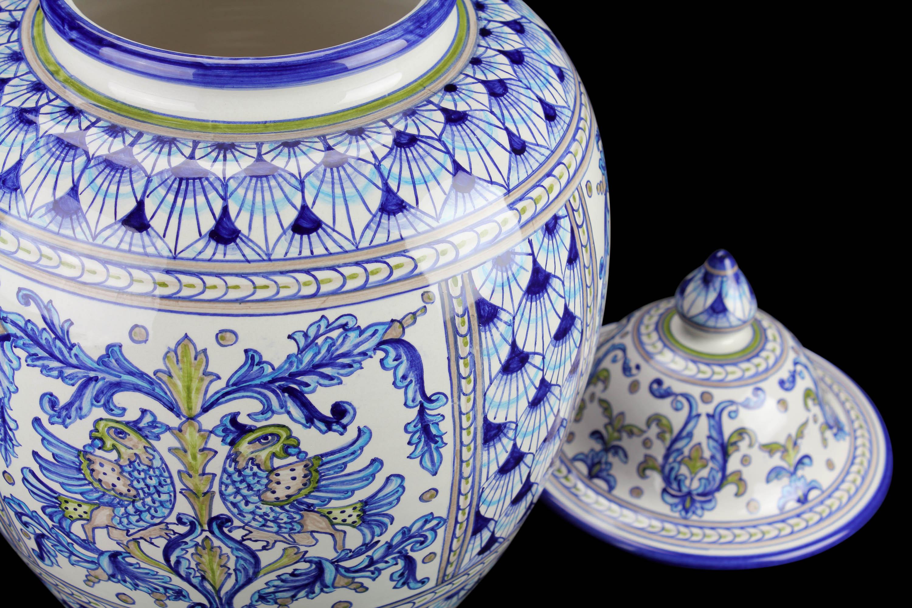 Hand-Crafted Blue Ceramic Potiche Centerpiece Vase Lid Majolica Hand Painted Deruta Italy For Sale