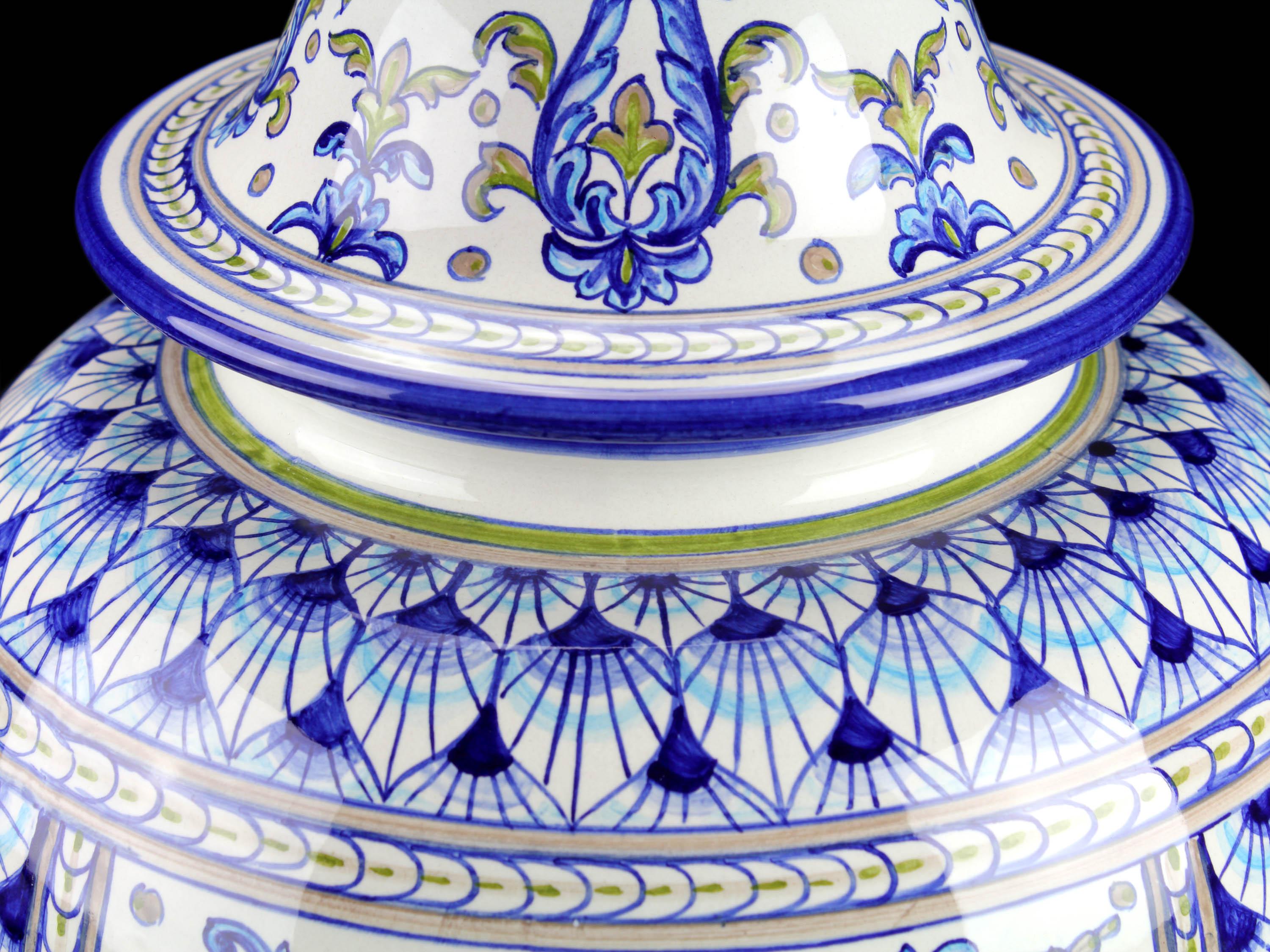 Contemporary Blue Ceramic Potiche Centerpiece Vase Lid Majolica Hand Painted Deruta Italy For Sale
